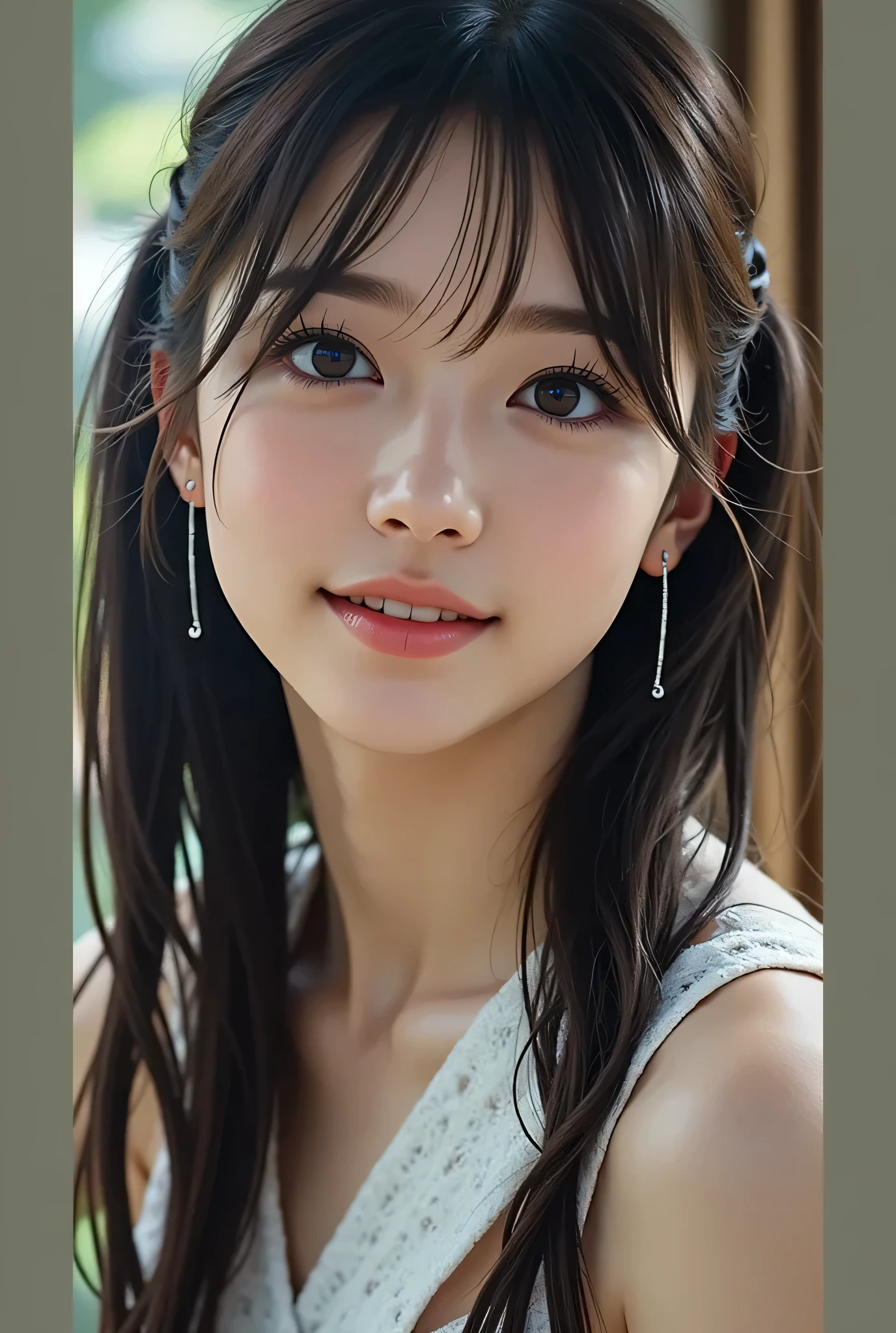 (photo realistic :1.4), (hyper realistic :1.4), ( realistic :1.3), ( Smoother Lighting :1.05), ( male face with closed eyes :0.9), 32K ,, {{ one woman::smile: Noodles and ponytails :1.8}}}、{{ wearing a white lace bra:1.8 }}, { raise your hand},,{{ ) The background is plain 、 }} 、