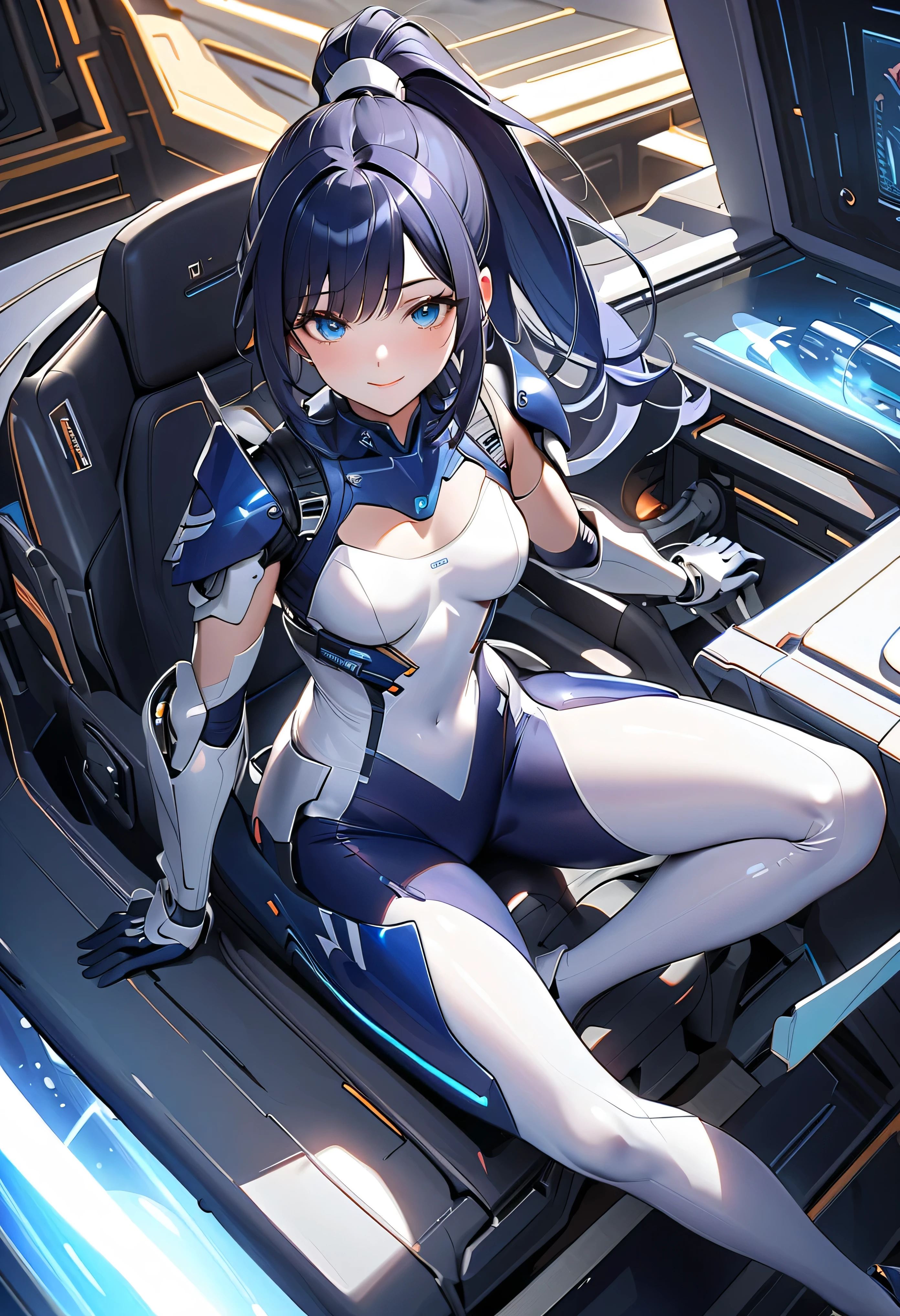 One girl、Inside the spacecraft、A girl and a beautiful sight are spreading。The walls and ceiling are covered with panels of futuristic design.、It has a fantastic glow。The interior of the ship is spacious々and々And々And々And々And々And々And、A variety of scientific instruments and consoles are located。The interior space of the spacecraft is、、、、、、、It features a silvery metallic texture and a curvaceous design、focus on girl