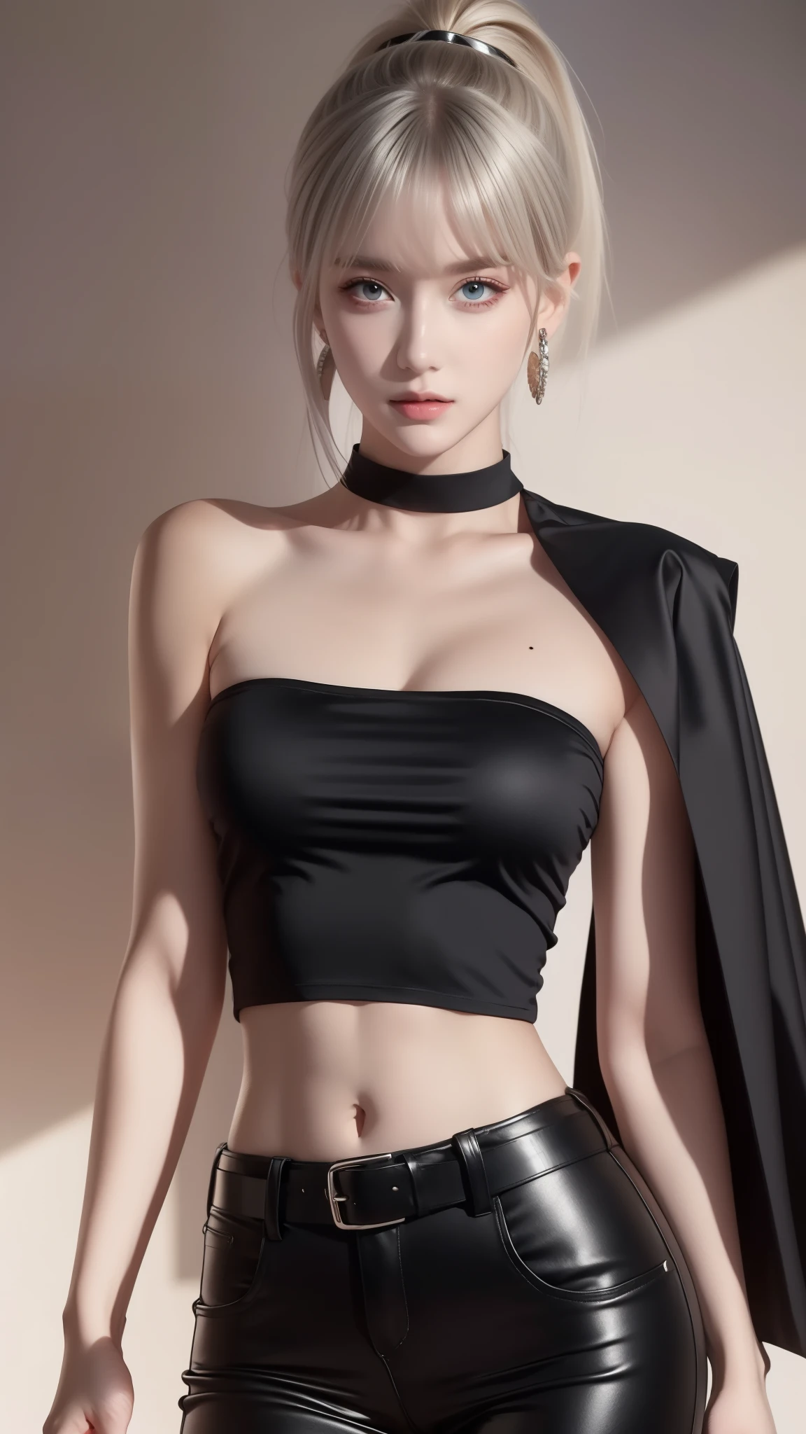 4K, masterpiece, Best Quality, (detailed face and eyes_1.4), detailed skin, detailed, One girl, Mature Body, nice Breasts, Alone, silver Hair, shiny silver eyes,a Mole under left eye, long straight hair,high ponytail, Headband,black Crop top,black ripped tactile pants, belts, choker, cape, slayers, scars, bored look, stern, Seductive eyes, metal Earrings, katana on waist, cowboy shot