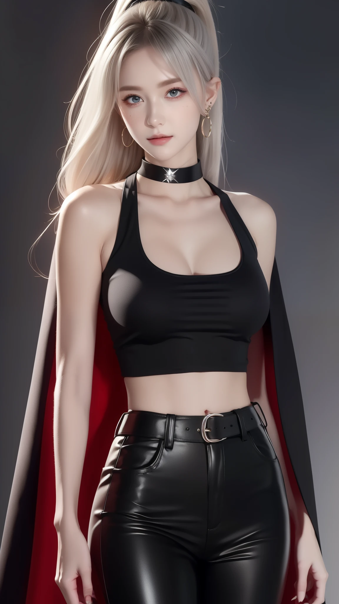 4K, masterpiece, Best Quality, (detailed face and eyes_1.4), detailed skin, detailed, One girl, Mature Body, nice Breasts, Alone, silver Hair, shiny silver eyes,a Mole under left eye, long straight hair,high ponytail, Headband,black Crop top,black ripped tactile pants, belts, choker, cape, slayers, scars, bored look, stern, Seductive eyes, metal Earrings, katana on waist, cowboy shot