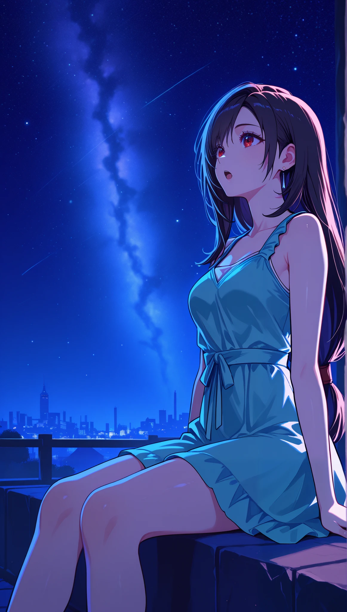 Tifa Lockhart- ..., estilo mksks, ( Very detailed bottom :1.0), ( highly detailed background:1.0), Final Fantasy VII Remake, ( red eyes), 1 , bare shoulders , aqua dress, black hair, green dress, sleeveless dress , light dress, home, long hair , night, night sky, Open mouth, outdoor, rabo de cavalo, sitting, sky, sleeveless , sleeveless dress, Star ( sky), Starry sky, city, aged, small breasts, ((white ruffles)), ( white dress ),