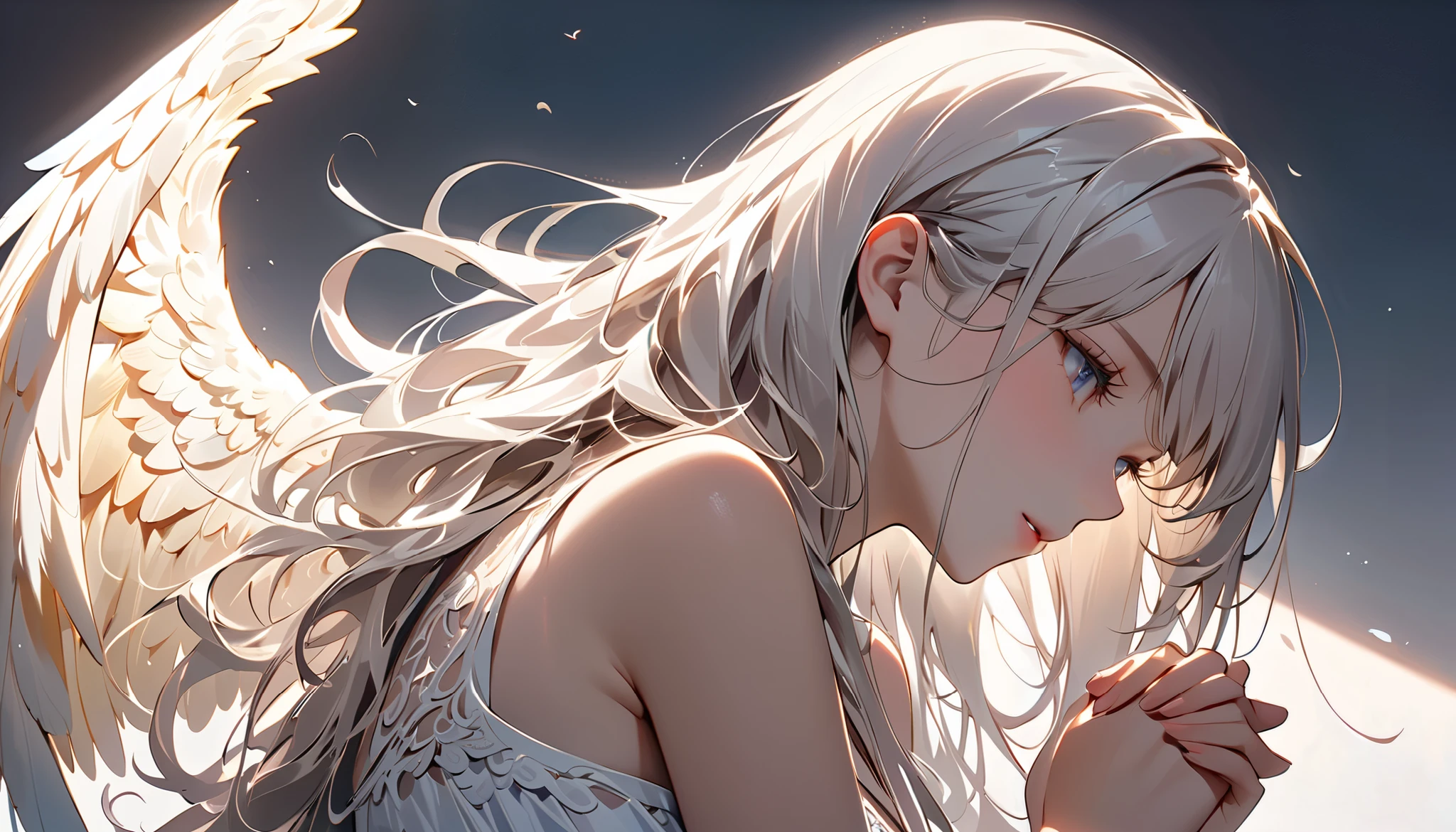 (((White background:1.5)))、(((plofile:1.5)))、facing to the right, showing the left side of her face,( character praying to heaven is composed of standing in the center of the screen:1.2)、(((very wide view:1.5))),((( hyperdetail :1.5))), (((masterpiece, 最 high quality,  Top Masterpieces、 more details,  Best Shadow:1.5))),  (Extremely beautiful and detailed eyes ), (Best lighting,  Extremely Delicate and Beautiful Face ),  ((( 1 woman, Alone,White hair color、 straight long hair, taken from the side like in a photo book :1.5))),( A Young and Very Beautiful Angel )、(((16K resolution:1.5)))、(Extremely beautiful and detailed face ),  white goddess dress、Very lonely face 、 high quality ,  high resolution, 16k,    long eyelashes ,  clean skin,  Beautiful Legs, ((( angel wings are folded :1.5)))、 depth of coverage、(((profile:1.5)))、(((Looking down:1.5)))、 full of hopelessness 、((( she puts her hands together and offers a prayer to heaven:1.5)))