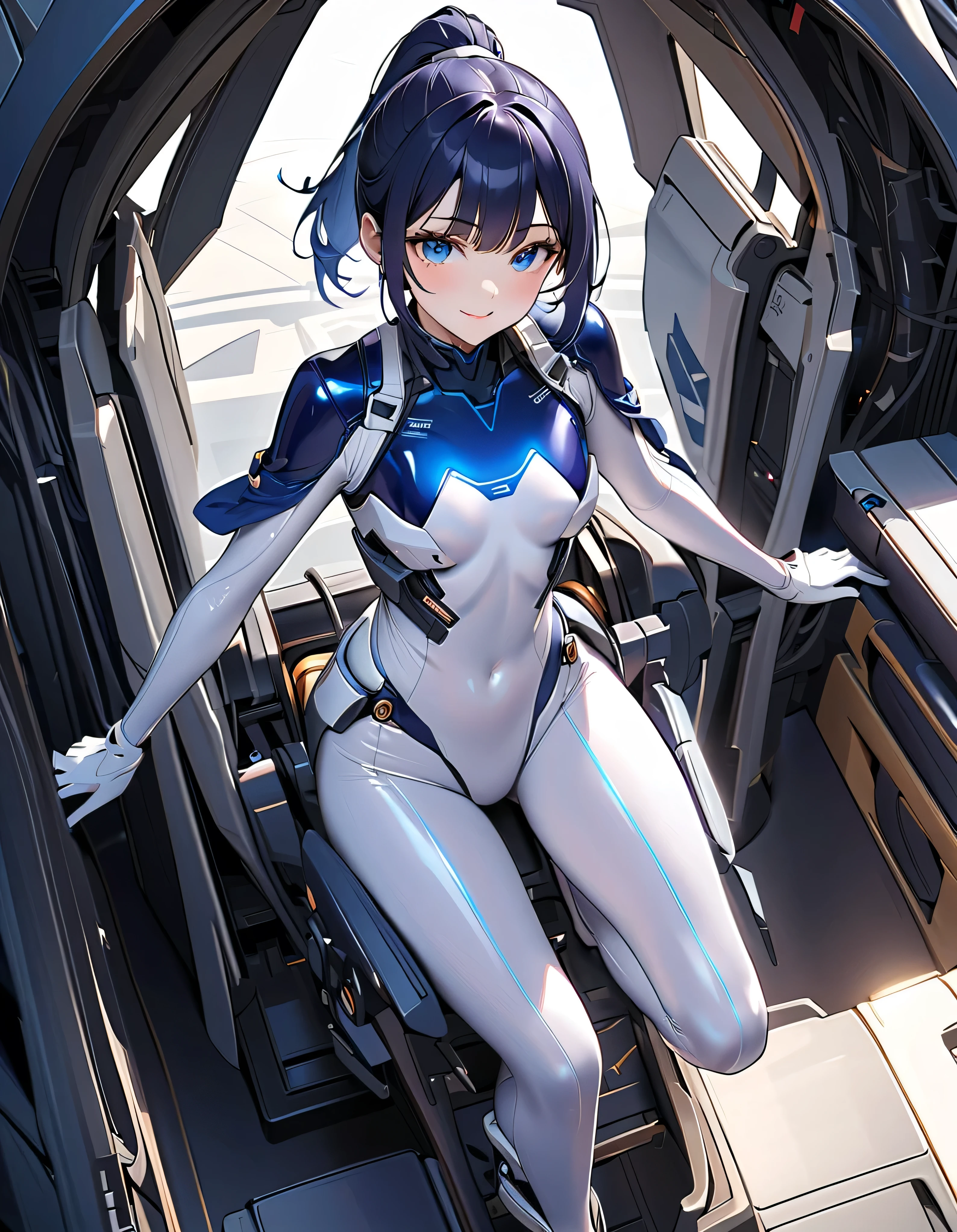 (masterpiece, highest quality, highest resolution, distinct_image, detailed details): (Solo, lone girl, face is Japan, blue haired girl, short hair, full body figure, see viewer, front-facing, small size breasts, sparkling blue colored eyes, pilot suit of metallic tone white and blue, black color color, tight fit clothes, clothes that cover the whole body, beauty, cuteness, light smile, blush, Slim body, exoskeleton, white and blue and black metal armor, heroine, arm-length gloves, headset, knee boots, sitting in the pilot's seat, detailed cockpit)