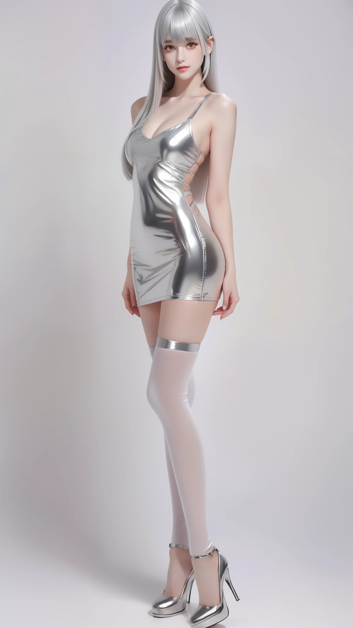 ultra high resolution, saturated colors, perfect image, top quality , detailed image , Beautiful woman , radiant skin , Skin and clothing texture , Tender eyes, white background, open breasts, sexy tight latex black mini dress, white thigh stockings , leather high-heeled shoes , standing straight, ((( silver hair, blunt bangs, long hair))), red eyes