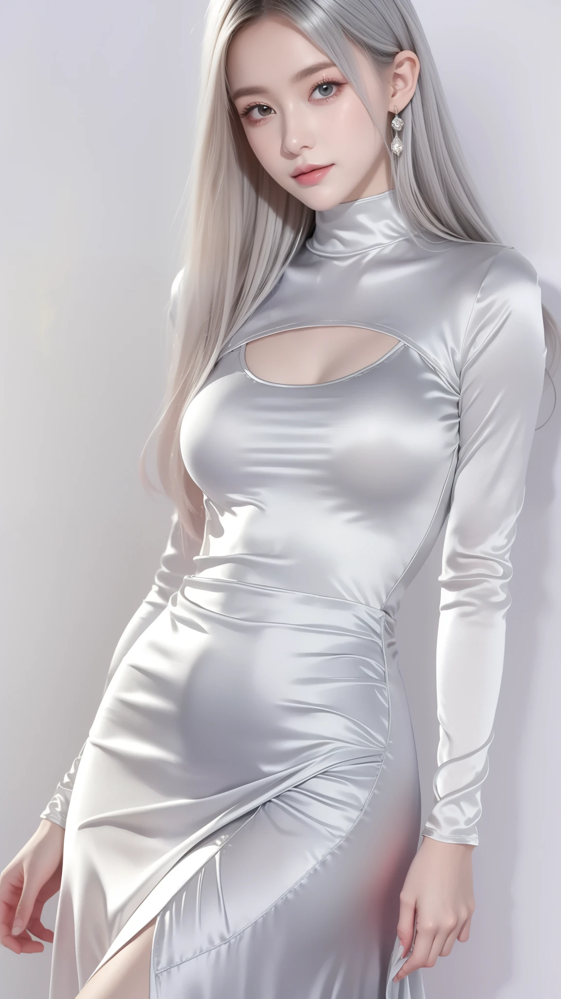 Portraiture、(masterpiece,Highest quality,Ultra-high resolution),Japanese women with silver hair, (((Very beautiful 25 year old girl)))、(She is wearing a shiny light silver satin long sleeve outfit..)、The dress has a simple design without any patterns...、(((A long skirt made of pale silver satin.)))、Pale silver satin gloves、((Pale silver satin bodysuit))、sewing her own dress