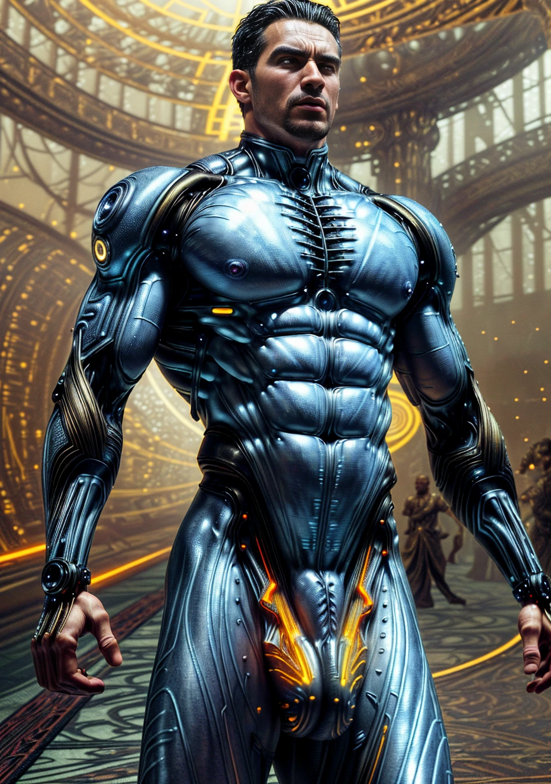 (Best quality, 4K, 8 thousand., A high resolution, masterpiece:1.2), absurdity, masterpiece, ultra detailed, (realistic, photorealistic, photorealistic:1.37), the hard parts, HDR, (the hard parts:1.12), (hyper detailed, hyper realistic, soft lighting, spicy:1.2), beautiful figure, Magnificent Anatomy, (the hard part, hyper detailed:1.15), Smooth skin, cyborgs fell at a palace reception.