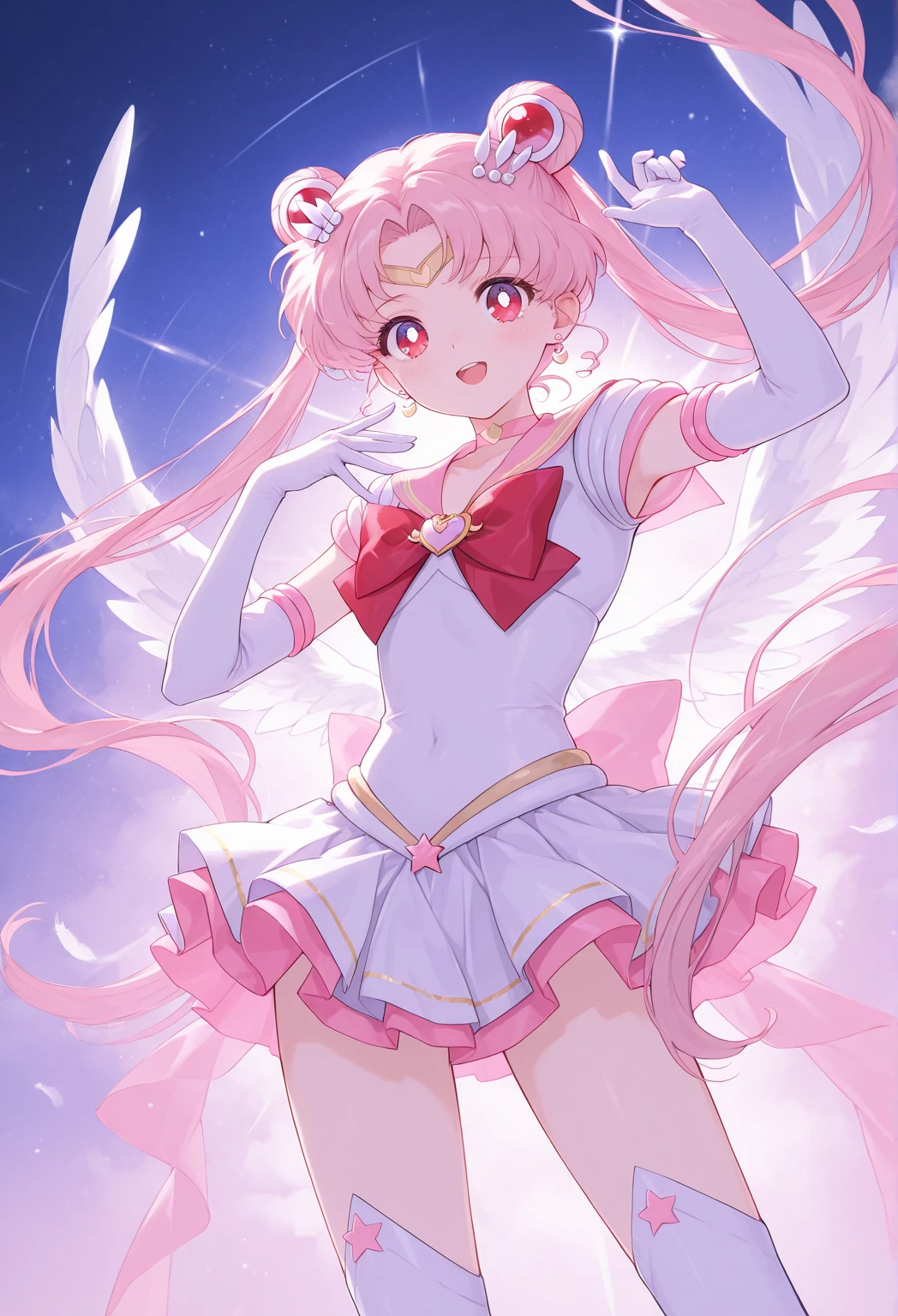 1girl, eternal sailor moon, night sky, cherry blossoms, detailed face, face focus, shiny skin, game cg, night sky, moonlight, moon, (wings 1.5), white gloves, magical girl, background , HD. Photography