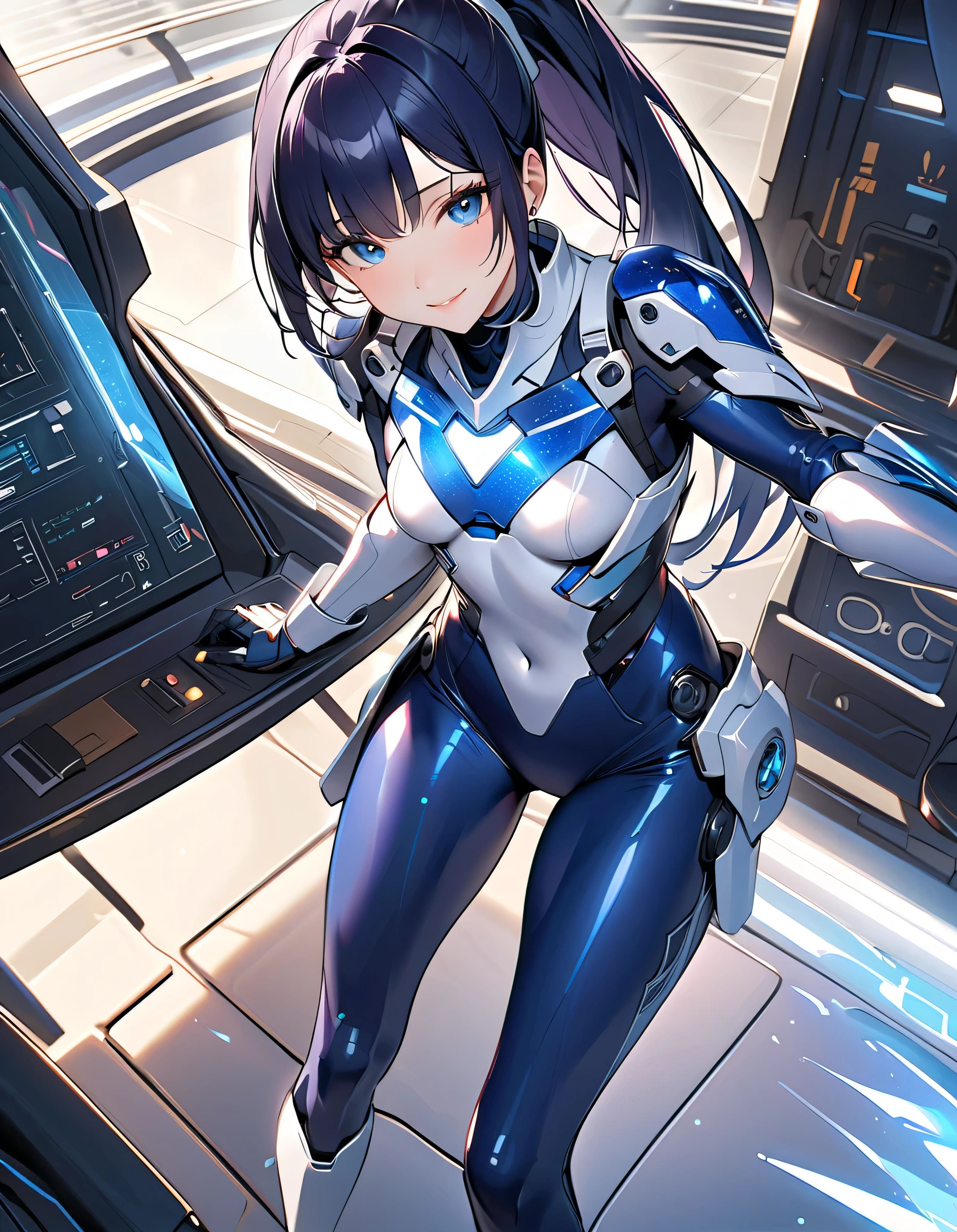 Sexy Cyborg Suit、17 years old、beautiful girl、ponytail、Black Hair、fight、blue beam
