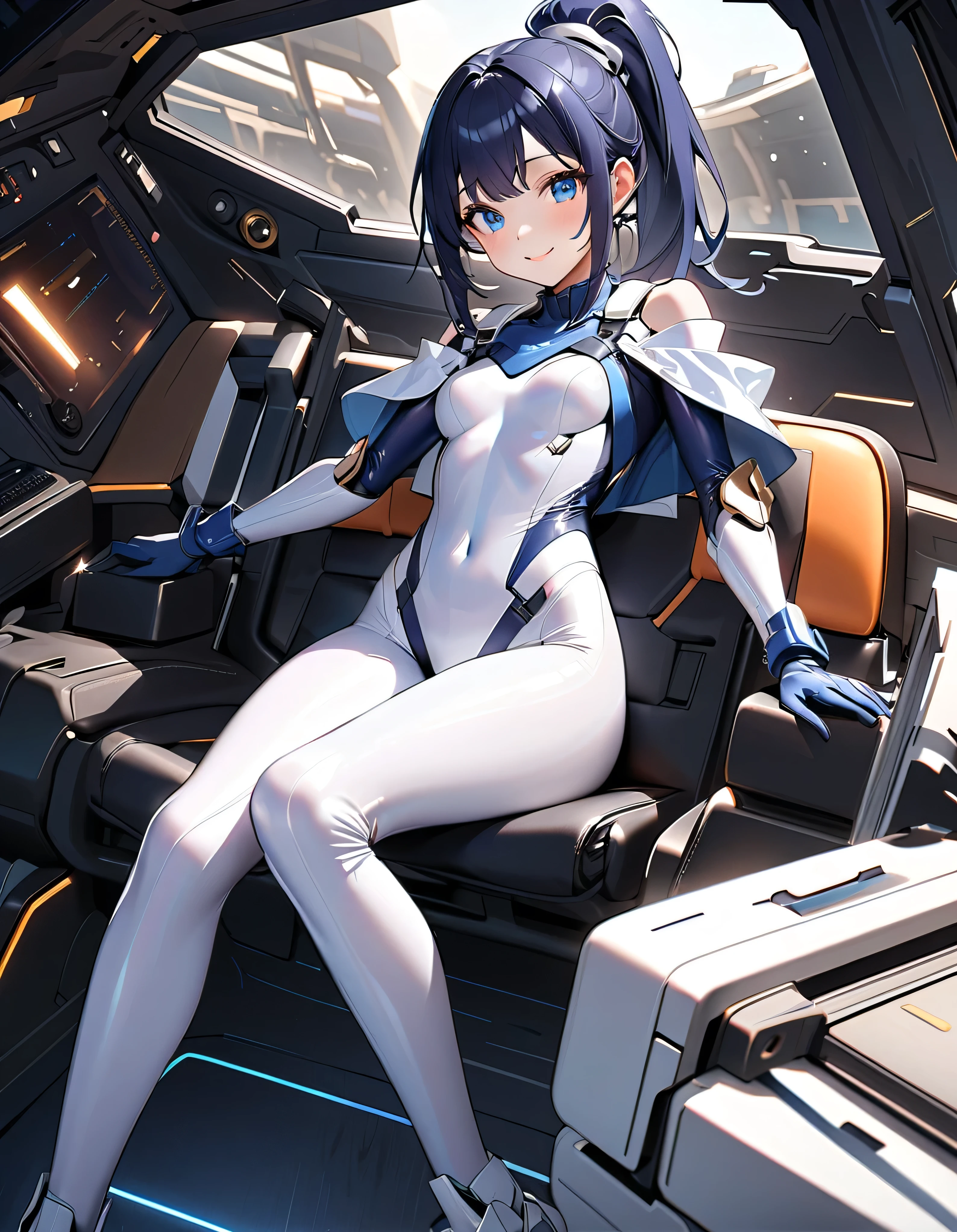 (maximum resolution: 1.2), (ultra high definition:1.2), cinema light, 8K resolution, fine eyes and skin, detailed face, perfect style, cute face, Accurate, anatomically correct, Highly detailed face and skin texture, beautiful and meticulous droopy eyes, 23 years old, (black hair:1.5), long hair, parted bangs, blue eyes, (white hairband:1.5), (long sleeves bikini one-piece white rubber suit:1.5), (armpit:1.5), (tights:1.2), (cameltoe:1.5), (boots:1.5), sitting on the chair, (in the universe:1.5), 