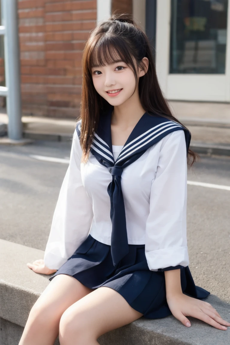1 girl、((sailor suit))、Asian high school girl uniform、mini skirt、bustling street、sit on the stairs、spread legs、Wedgie、(Spread your legs apart)、( small breasts)、(small breasts)、 (best quality: 1.1)、(highly detailed skin), (ultra high resolution:1.0) ,(realistic photo:1.0), (Super detailed:1.0), (8K, Raw photo:1.1)