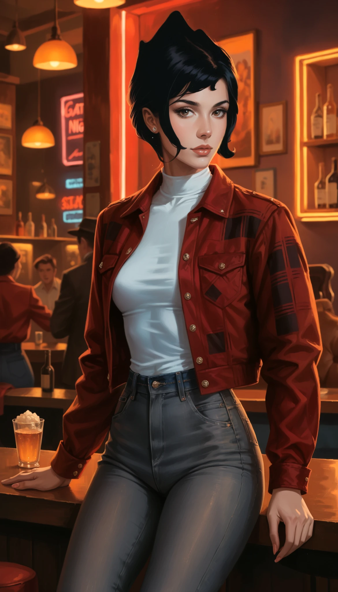 (solo, flat chest, 1 fit girl, masterpiece, realistic body proportions, best quality, small closed breasts, closed flat chest) A photo of a young cool woman in a 90's america setting. She is standing in a retro 80's bar (night time, neon night lighting), resting in a cool and relaxed pose. (The woman is slender with a well-defined fit build and super narrow wasp-waist, long strong legs). She has short black hair. Her eyes are grey, expressive, and have a grey hue. She is wearing (a form-fitting a white shirt with buttoned collar, a checkered red and black lumberjack jacket, black jeans sitting high at the waist). Next to her lies a longsword with a simple yet elegant design, planted in the ground. The background consists of warm and cozy restaraunt with retro estetics (90's vibe). The atmosphere is calm, with soft, diffused night lighting. Ensure the proportions of her body are realistic, and the pose conveys a dynamic yet relaxed feel.