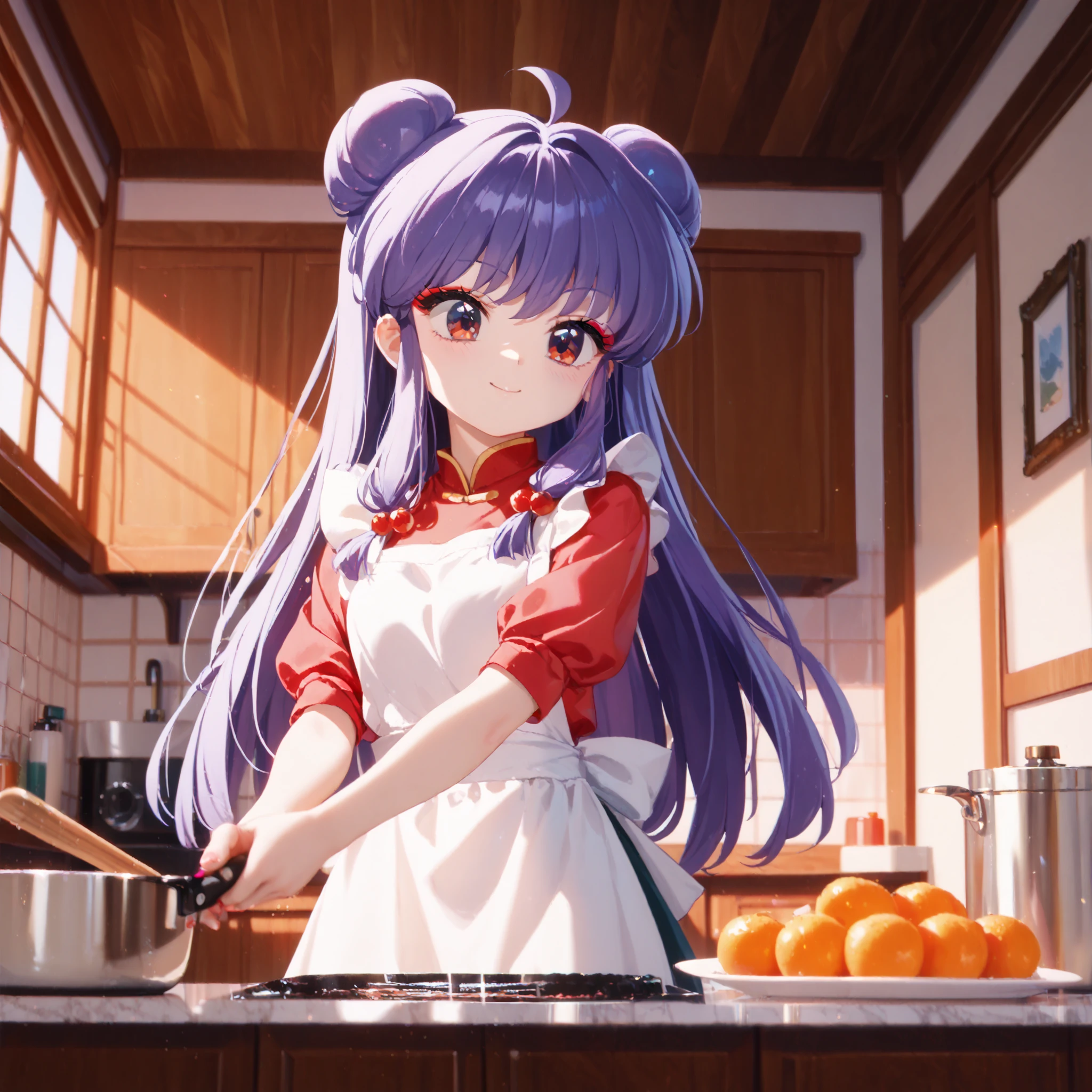 masterpiece, top quality , perfect face, Highest Resolution, 8k, 1 Girl, young, shampoo (Ranma 1/2), young, red eyes, long hair, purple hair, Detailed depiction of bun knot hair , Red eyeshadow, apron dress, Cooking, I love you, A face in love, affectionate face, enchanted smile