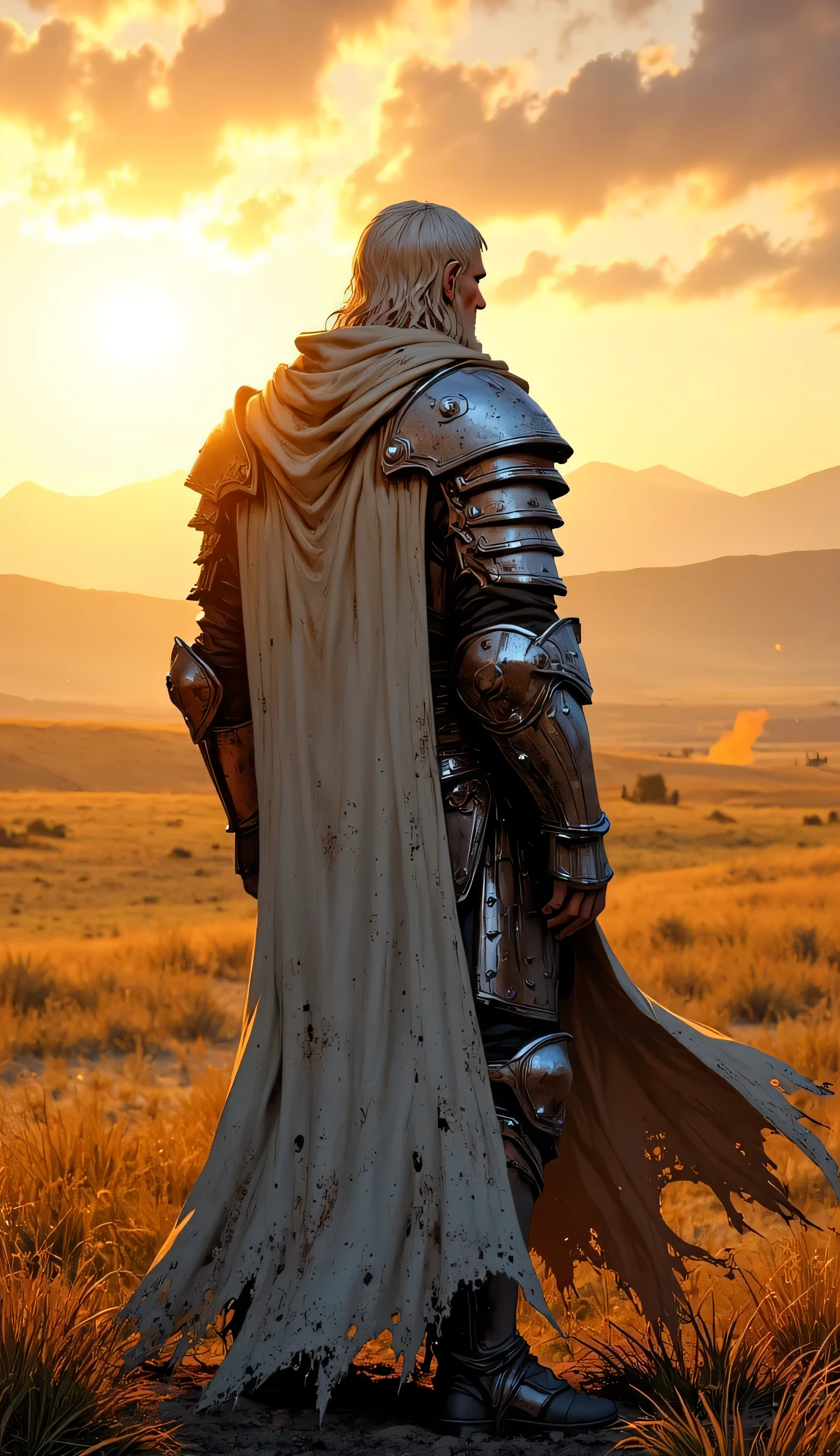 White Knight watching a sunrise, with a plain around it.
