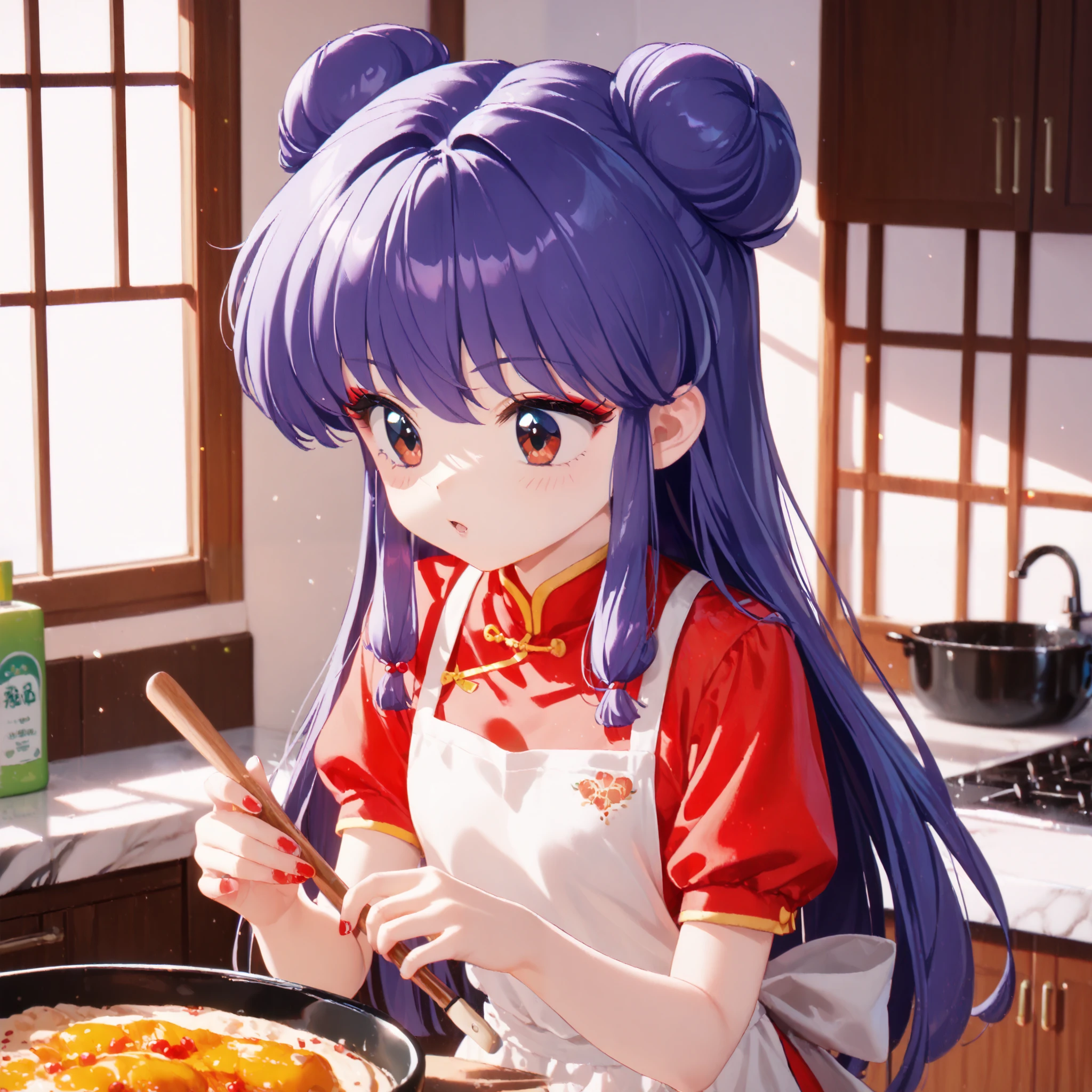 masterpiece, top quality , perfect face, Highest Resolution, 8k, 1 Girl, young, shampoo (Ranma 1/2), young, red eyes, long hair, purple hair, Detailed depiction of bun knot hair , Red eyeshadow, apron dress, Chinese cuisine, Cooking, I love you, A face in love,