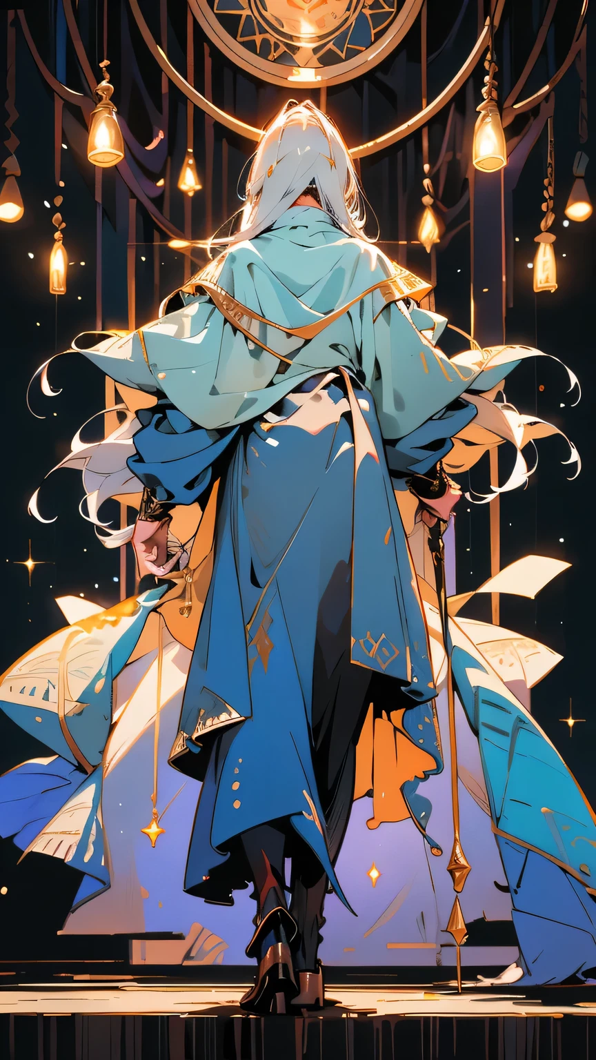 “A full-body character design sheet focusing on the back view of Arest, a wise and dignified elder male. He has long, straight white hair reaching his upper back, neatly flowing with a slight wave at the ends. His tall, commanding figure (6 ft 5 in) is dressed in elaborate ceremonial robes, navy blue and gold, with a high collar and layered, flowing fabrics.
The back of the robes features intricate glowing arcane patterns, including circular and geometric symbols that pulse faintly with a mystical blue light. His long cape drapes elegantly from his shoulders, the edges lined with faint glowing runes, giving an air of arcane power. His tall, dark metallic staff is visible from the back, topped with a glowing blue crystal that radiates a soft magical light, partially illuminating the cape.
He wears black gloves and formal boots accented with gold. His posture is upright and firm, exuding authority and wisdom. The character sheet includes only the back view, emphasizing the detailed embroidery of his robes, the flowing cape, and the magical effects of the staff.
The background is simple and neutral (gray), ensuring the focus remains on the character. Full-body, anime-style, 4K resolution, highly detailed textures. ((Masterpiece, highest quality, full of details, back view only)), glowing runes, intricate robe design, and arcane-themed aesthetics.”