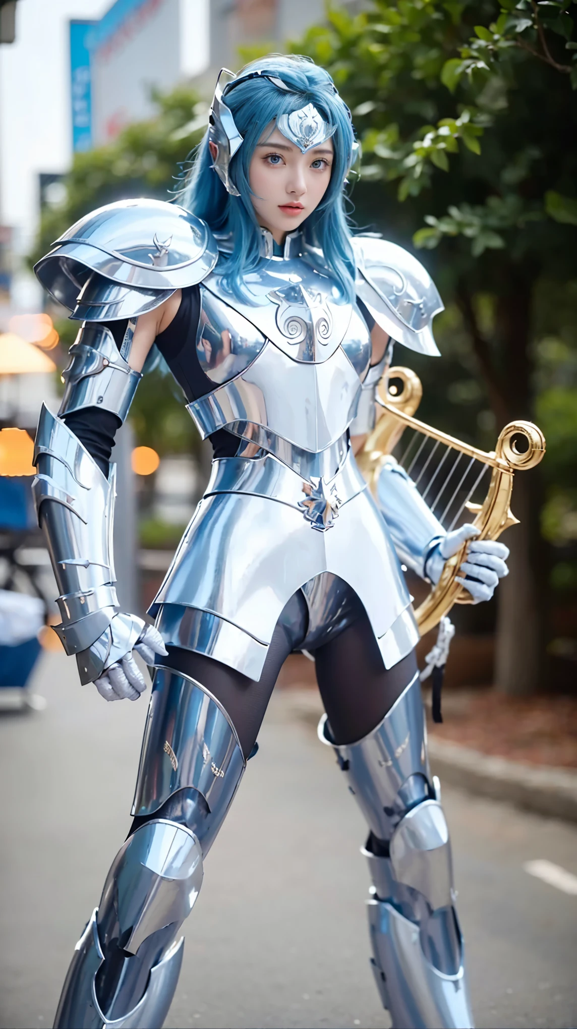 a close up of a woman in a costume with a harp, knights of zodiac girl, portrait knights of zodiac girl, blue hair, blue eyes, big breasts, covered in full metal armor, anime character; full body art, greek god in mecha style, covered in full silver armor, unreal engine render saint seiya, white metal neocubism armor, shining armour made of steel, saint is specially designed for women. tie the head, full portrait of magical knight. HD image quality. realistic.
