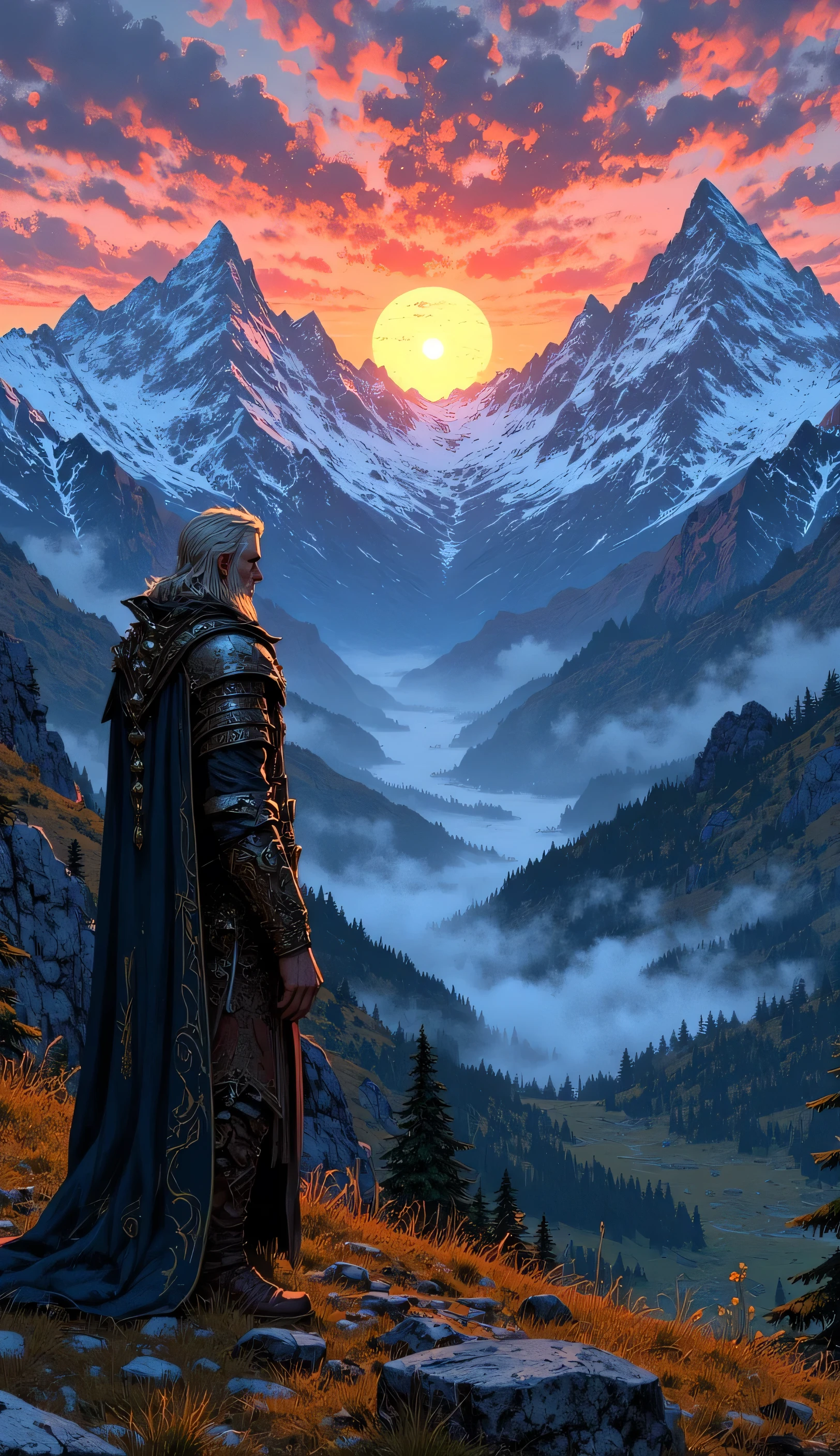 Former king watching a sunrise, with mountains around him .