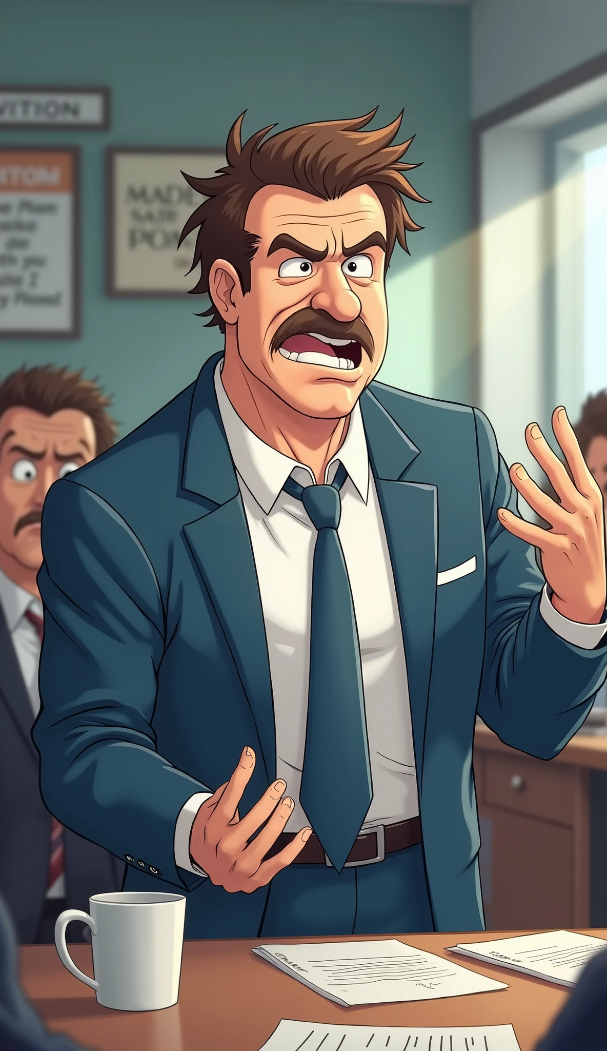 A middle-aged office manager with an exaggerated and awkward expression. Doug McFlannery wears a slightly wrinkled blue suit, a loose tie, and a partially unbuttoned white shirt. His ridiculous mustache is scruffy, and his brown hair is in a slightly messy quiff. He is gesturing exaggeratedly in a meeting, trying to tell a bad joke, but the employees in the background look on in boredom or confusion. The scene features vibrant lighting and soft shadows, with detailed anime-style shots highlighting funny facial expressions. The background is a modern office, with motivational pictures on the wall and a cluttered desk strewn with papers and coffee mugs. The style is similar to that of comedic anime, with an emphasis on the exaggerated expressions and comical details of the scene.