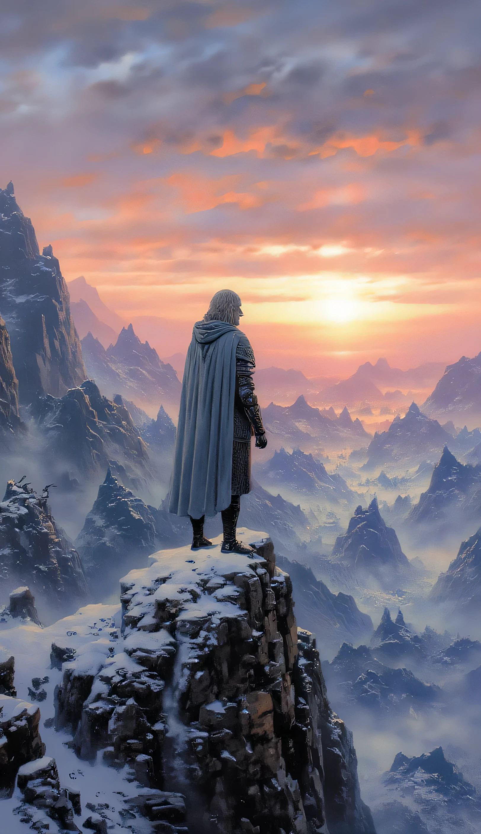White Knight watching a sunrise, with mountains around him .