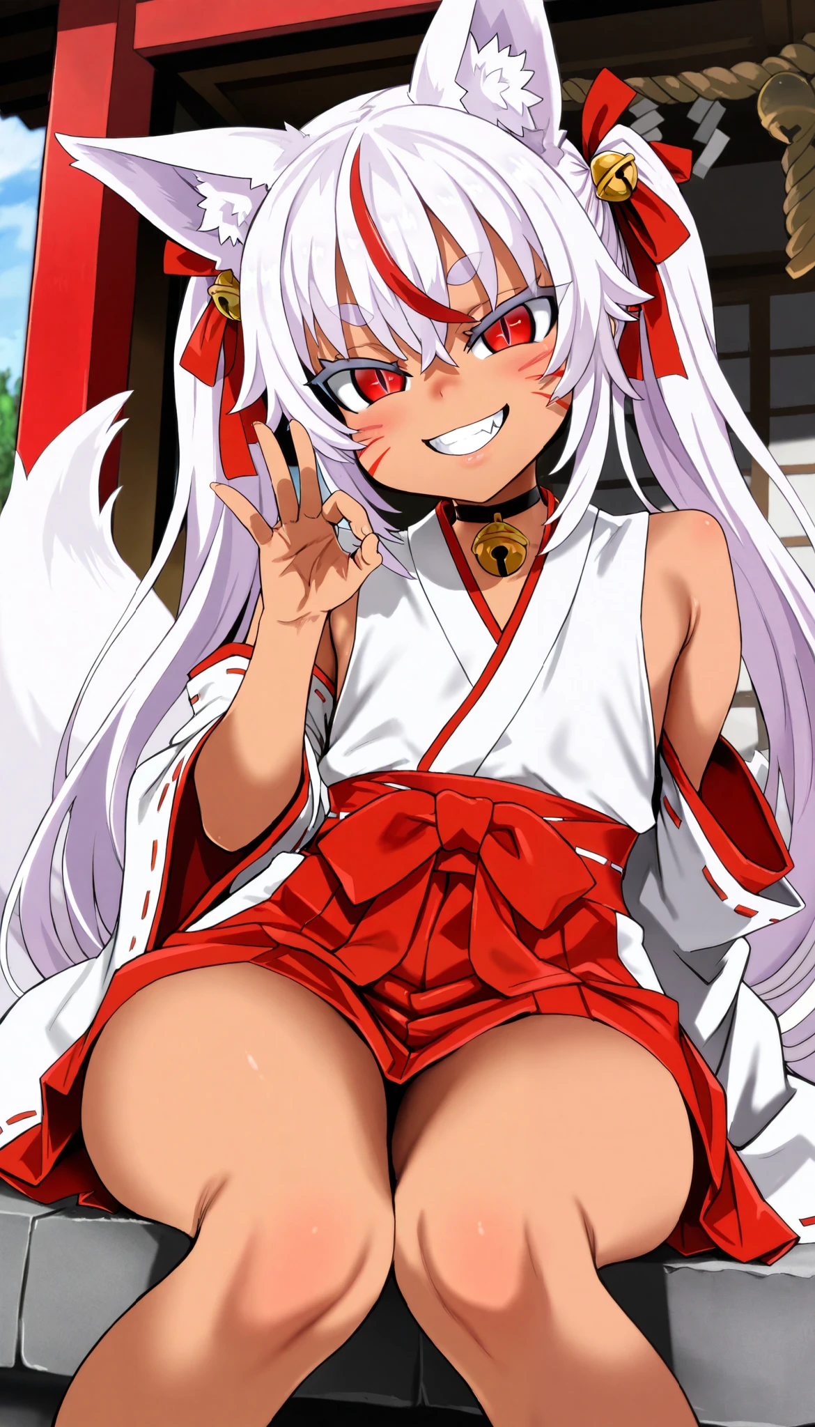 1girl, anime girls, asanagi style, mesugaki, dark skin, tan, red eye, slit pupils, ((white fox ear, white fox tails)), Wicked Smile, evil grin, fang,
very long twin tails, white Hair, thick eyebrows, red highlights hair, Hair ribbon bell, bell choker, bimbo, ((dim body)), flat_chest, facial mark, Corona Hand Gesture, facial whisker markings,
nontraditional miko, bare shoulders, miko, red obi sash, red short skirt, skirt cutout, shirt in,
looking at viewer, lewd, cute, big eyes, ero, ecchi,　
Score_9,Score_8,score_7_up,source_anime, rating_questionable, shrine,
