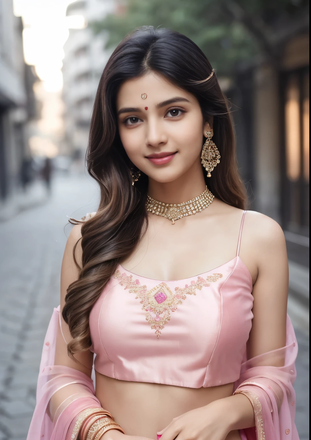 (((desi indian young d girl))), s girl, cute and pretty face, natural skin, wearing hot deep neck pink top and dupatta, charming black hair, ((hair ends are blonde)), city streets background,(wearing simple jewellery), super Round Young Breast, Pretty cute Navel, Soft Ovel Navel, Slender girl, bright light, long_hair, Bokeh, indian ,tree branch, colourfull,pink princess dress((choli:1.2,short:1.1), smile, pretty, cute, 4k, 8k, CG unity 8k wallpaper, depth of field, ray tracing, perfect figure, sweet round breasts, romantic Eyes, Romantic smile, Romantic Standing Angle, stylish curved angle, one hand on hip angle, Bright skin, glow face, glow skin, 