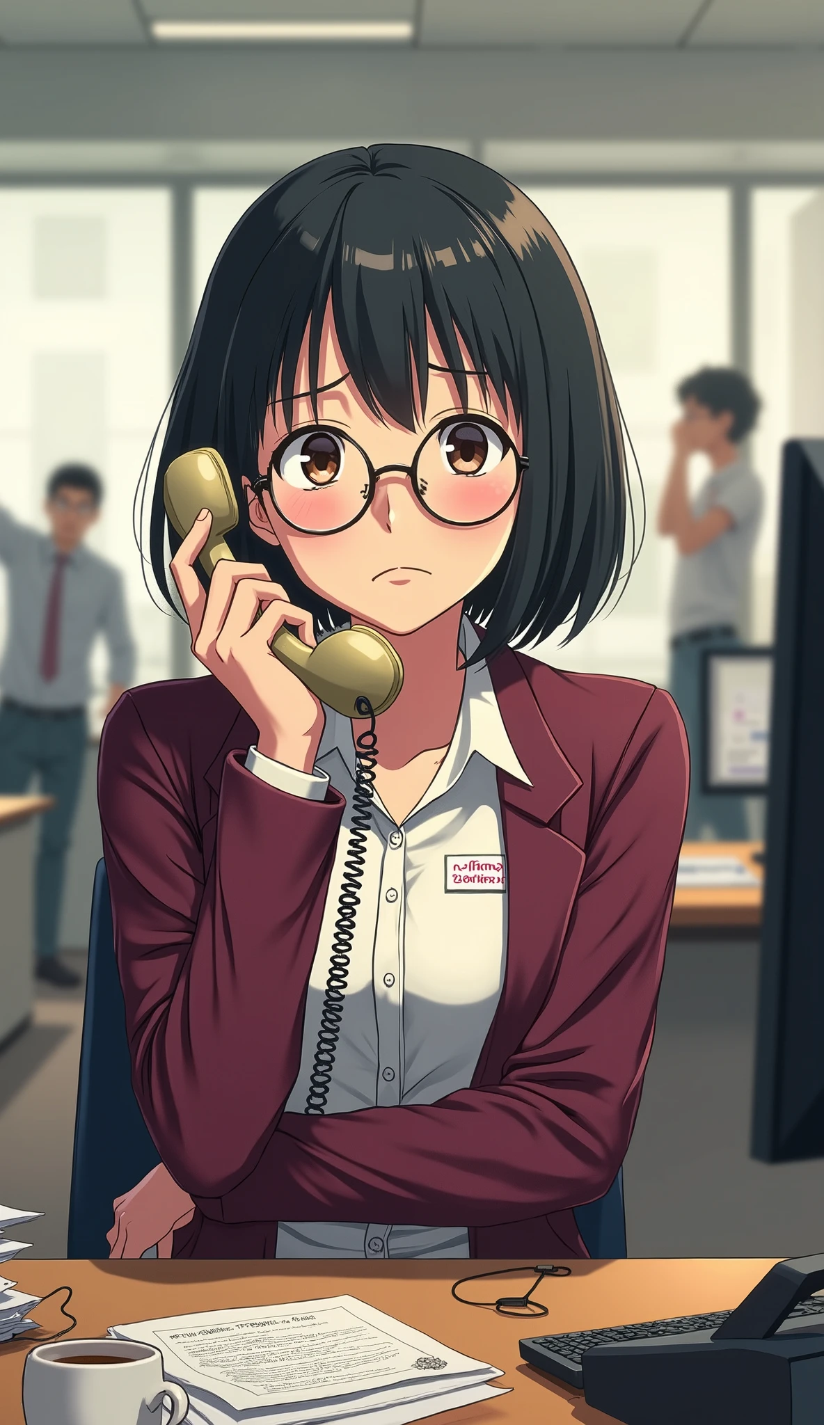 A young office secretary with a cynical and bored expression. Janet Brixley has short, straight black hair with slightly disheveled bangs. She wears thin glasses and a burgundy blazer over a white blouse, with a name tag hanging around her neck. Her arms are crossed, and she rolls her eyes with a slight sigh of frustration. She holds an old-fashioned telephone in her hand, as if listening to something extremely boring, while her computer displays a cluttered email screen. In the background, colleagues chat animatedly or do something absurd, but Janet seems completely uninterested. The lighting is soft, pastel tones, and the scene is detailed in a comedic anime style, highlighting her bored and sarcastic expressions. The modern office is scattered with piles of paper and a forgotten cup of coffee next to the keyboard.