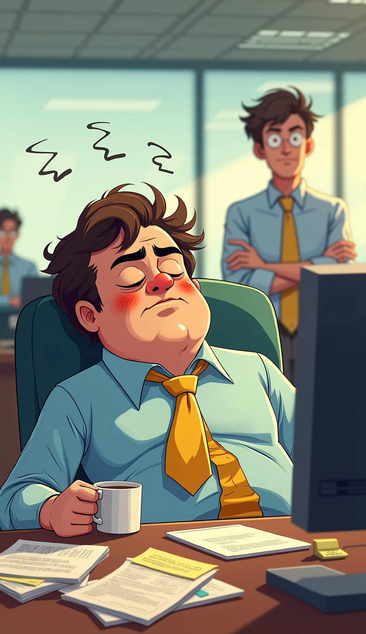  A lazy office worker , middle-aged,  with a sleepy expression and a sloppy appearance . franklin "frank"  Puddle has messy brown hair ,  unbearded and deep dark circles under the eyes .  He wears a light blue dress shirt half yellow ,  with a crooked tie and half-unbuttoned shirt . He's sitting at his desk,  leaning on the chair with their feet on the table ,  holding an empty coffee mug while napping with his mouth open .  There is a pile of old, disorganized papers next to him ,  just to look busy . In the background,  other employees work normally ,  but an angrily looking boss watches him with his arms crossed . The scene has vibrant colors ,  warm lighting and a comedic anime style ,  x} with exaggerated details in the expressions and an effect of  "ZZZ"  floating close to your head to emphasize your sleep .  The modern office environment contains a computer monitor still on and post-its messy on the table.