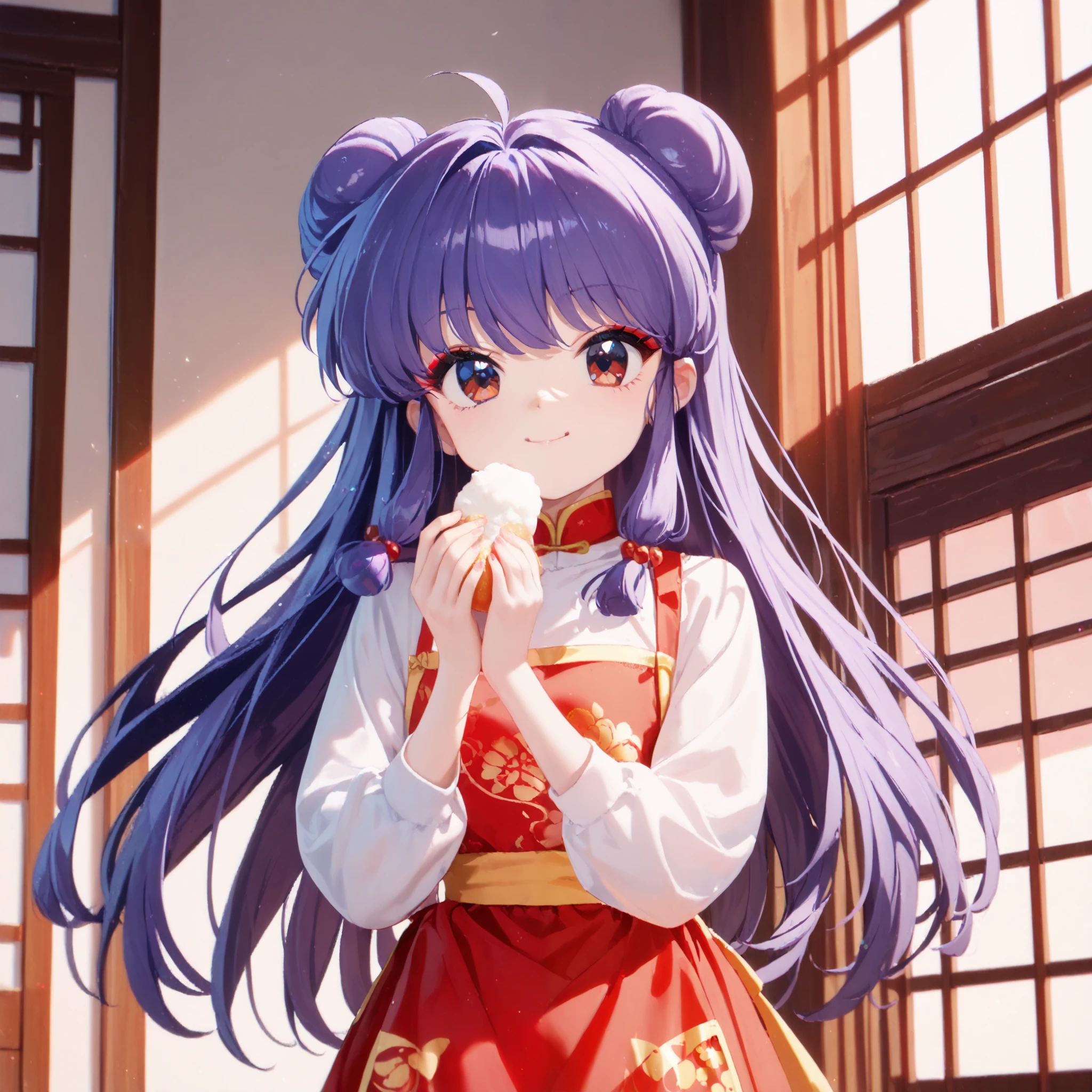 masterpiece, top quality , perfect face, Highest Resolution, 8k, 1 Girl, young, shampoo (Ranma 1/2), young, red eyes, long hair, purple hair, Detailed depiction of bun knot hair , Red eyeshadow, apron dress, Chinese cuisine, Eat, I love you, A face in love, affectionate face, enchanted smile