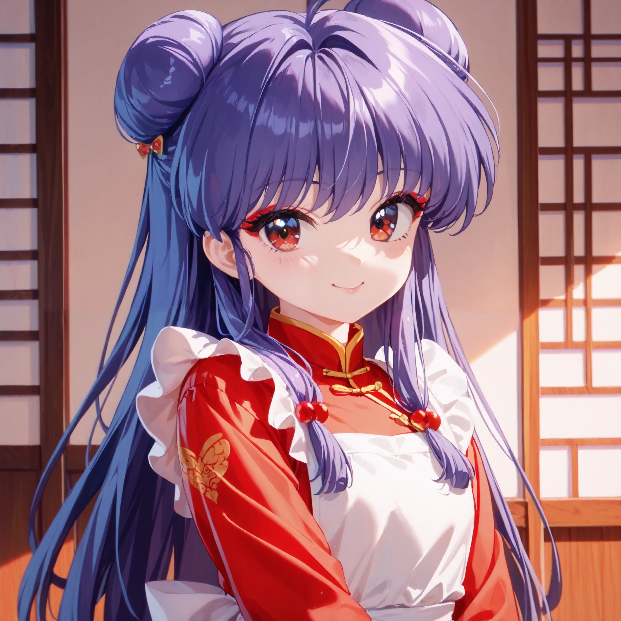 masterpiece, top quality , perfect face, Highest Resolution, 8k, 1 Girl, young, shampoo (Ranma 1/2), young, red eyes, long hair, purple hair, Detailed depiction of bun knot hair , Red eyeshadow, apron dress, Chinese cuisine, Eat, I love you, A face in love, affectionate face, enchanted smile