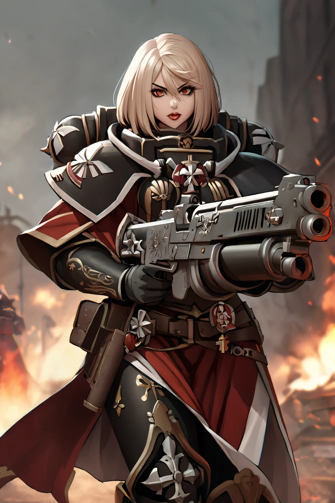 8k, Marra is a battle sister of the Adeptus Sororitas, specialising in marksman. She carries a pair of inferno pistols. She knows how to ingratiate herself with nobility.