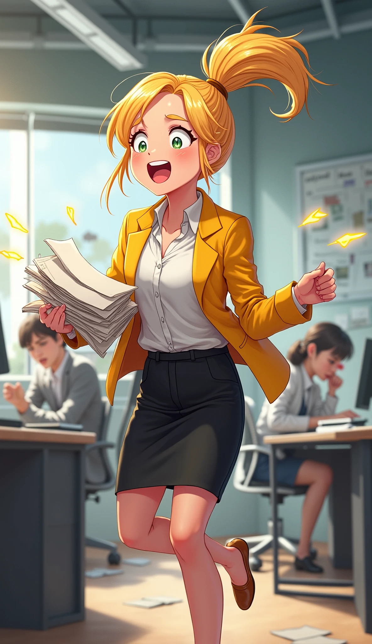 A young office worker with infectious energy and a radiant smile. Olivia ‘Ollie’ Price has blonde hair pulled back in a high ponytail, with a few loose strands bouncing around. Her wide eyes sparkle with excitement, and she wears a bright yellow blazer over a white blouse, paired with a black pencil skirt. She holds a pile of disorganized papers in her arms, bouncing excitedly around the office with an expression of exaggerated enthusiasm. Other employees in the background look exhausted and frustrated, creating a comical contrast to her hyperactivity. The scene includes modern office desks, a coffee machine in the background, and a whiteboard with messy notes. The scene is brightly colored, dynamically lit, and has an expressive anime style, with glowing effects around her to highlight her almost uncontrollable energy.