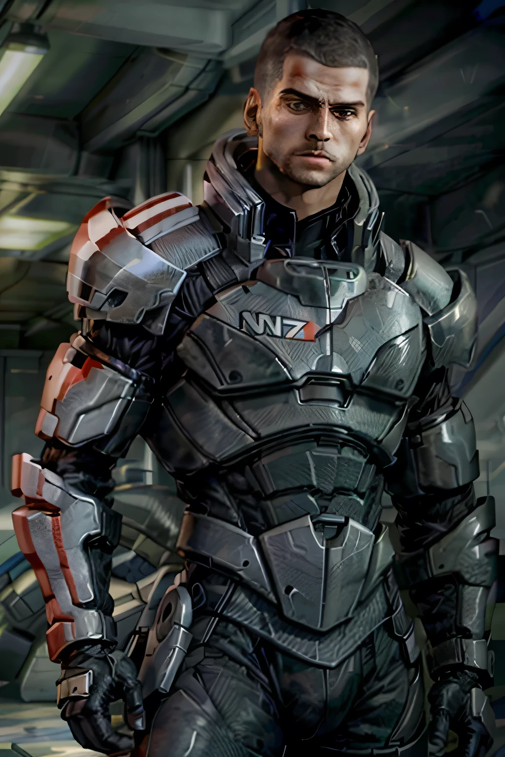 ( masterpiece, of the best quality) MaleShepard, One, short hair, black hair , 1 boy , upper body , male focus , armor, looking away, facial hair, thick eyebrows, beard, the sideburns, adult male, realistic, poison, very short hair, courageous , hedgehog, epic pose , Collectors database
  
