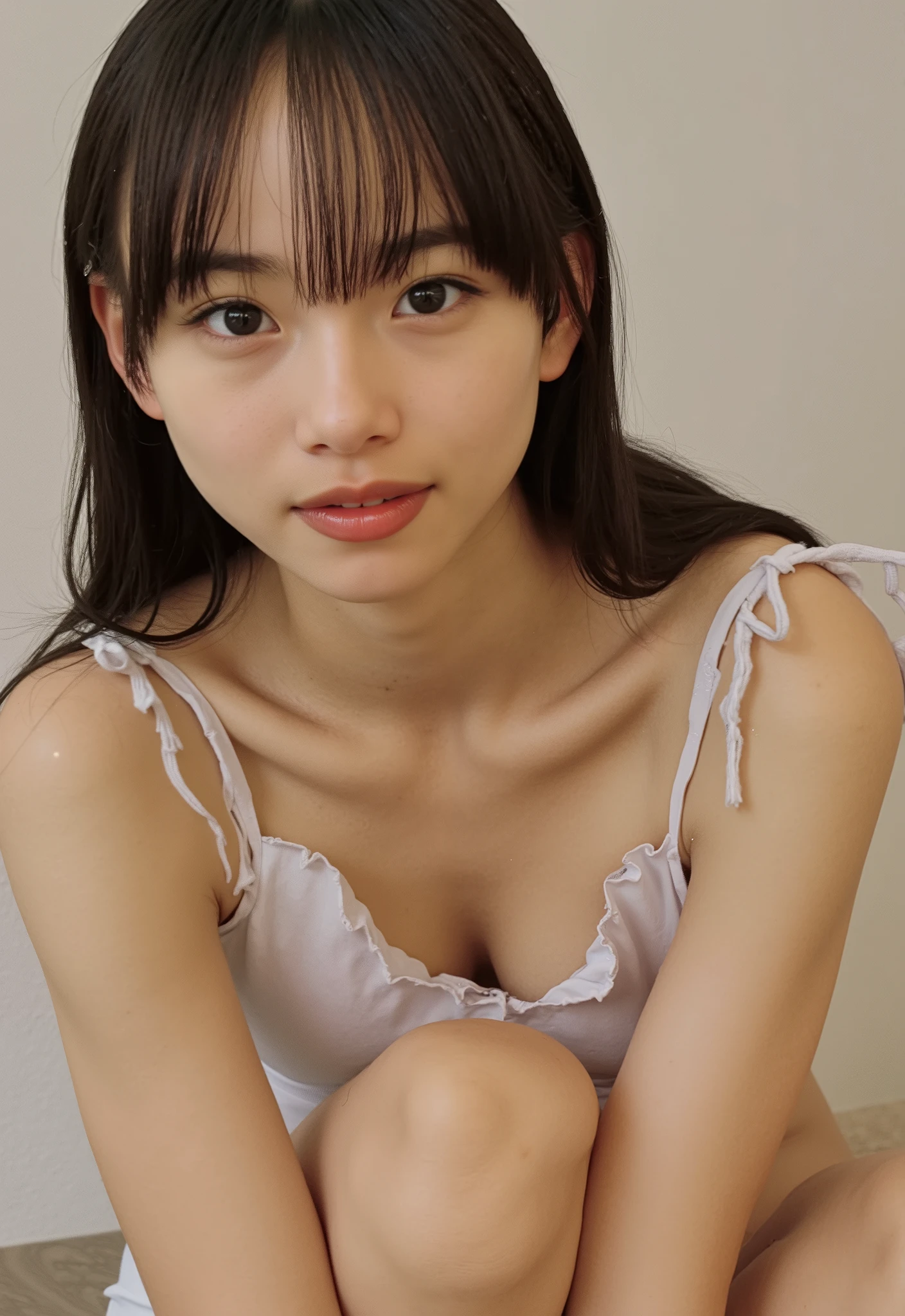 (4K, masterpiece, high quality, Details), ((I only wear a white camisole with no shoulder straps and white panties with a small area, slender, sexy collarbone, My chest is wide open , flat chest, is short, Clothes Are Wet , Position of putting on your knees and leaning forward)), (( braid braids)), {{ :1.4}},, ( RAW photos, top quality ), (reality, reality:1.4), beautiful details, beautiful lip details , Very elaborate eyes and face , perfect anatomy