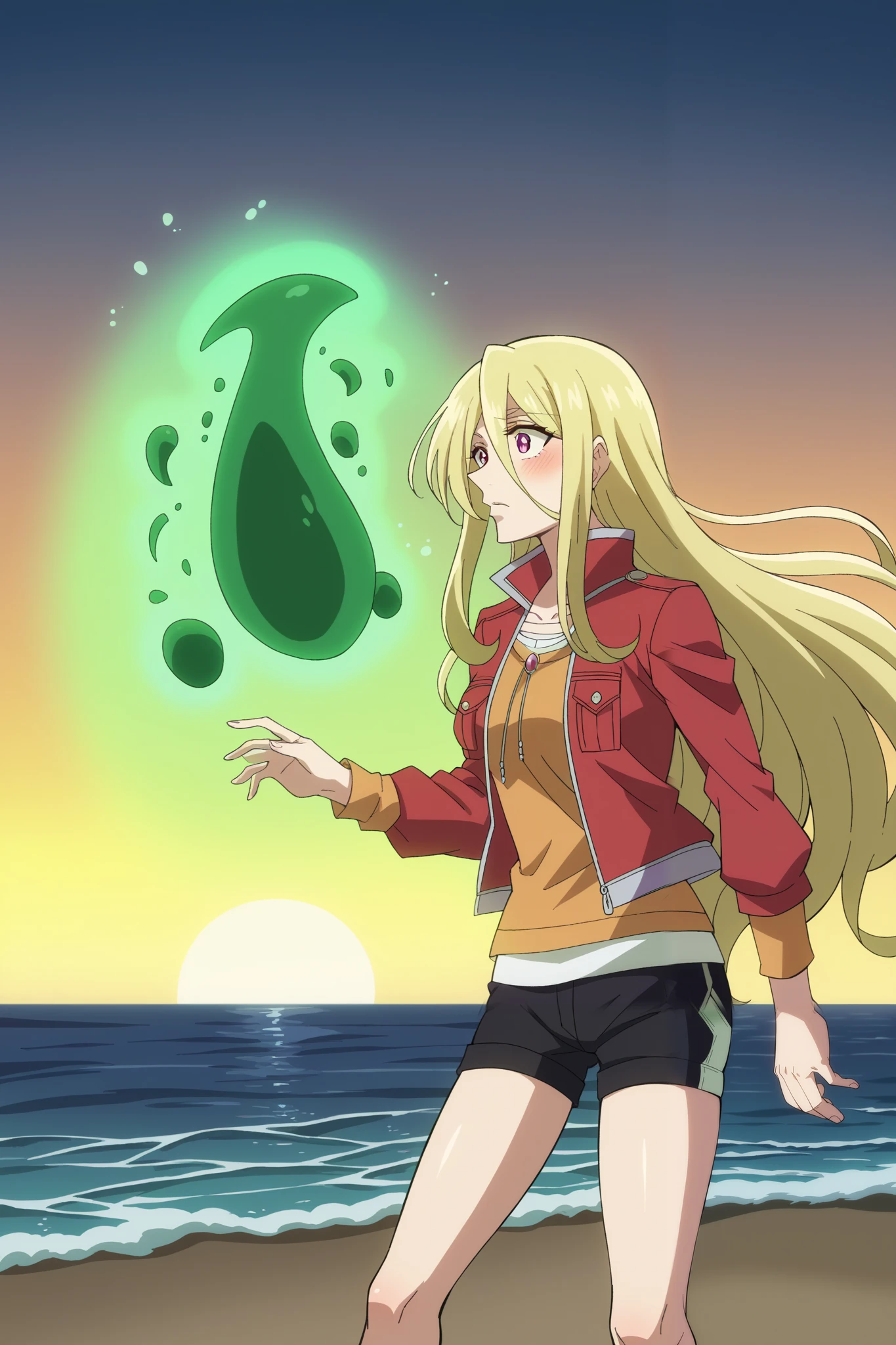 score_9, score_8_ top, score_7_ top, score_6_ top, score_5_ top, blonde in profile, 1 sixteen year old girl , long-haired blonde , fragile, slim, blond long golden hair , bangs on the forehead, hair between eyes , raspberry eyes , dark pink eyes , a warm crimson jacket, warm shorts , warm tights , reaches for the sea , reached for the sea , reached out to the sea . Long hair develops in the wind . The wave reaches for the girl's hand, magic, stands on sea water among the waves , Sunset, twilight. sea, looks at the sea, 1 girl, One, style to blush, confused around the body, the light green lines intersect like a wiring diagram, green aura , green glow