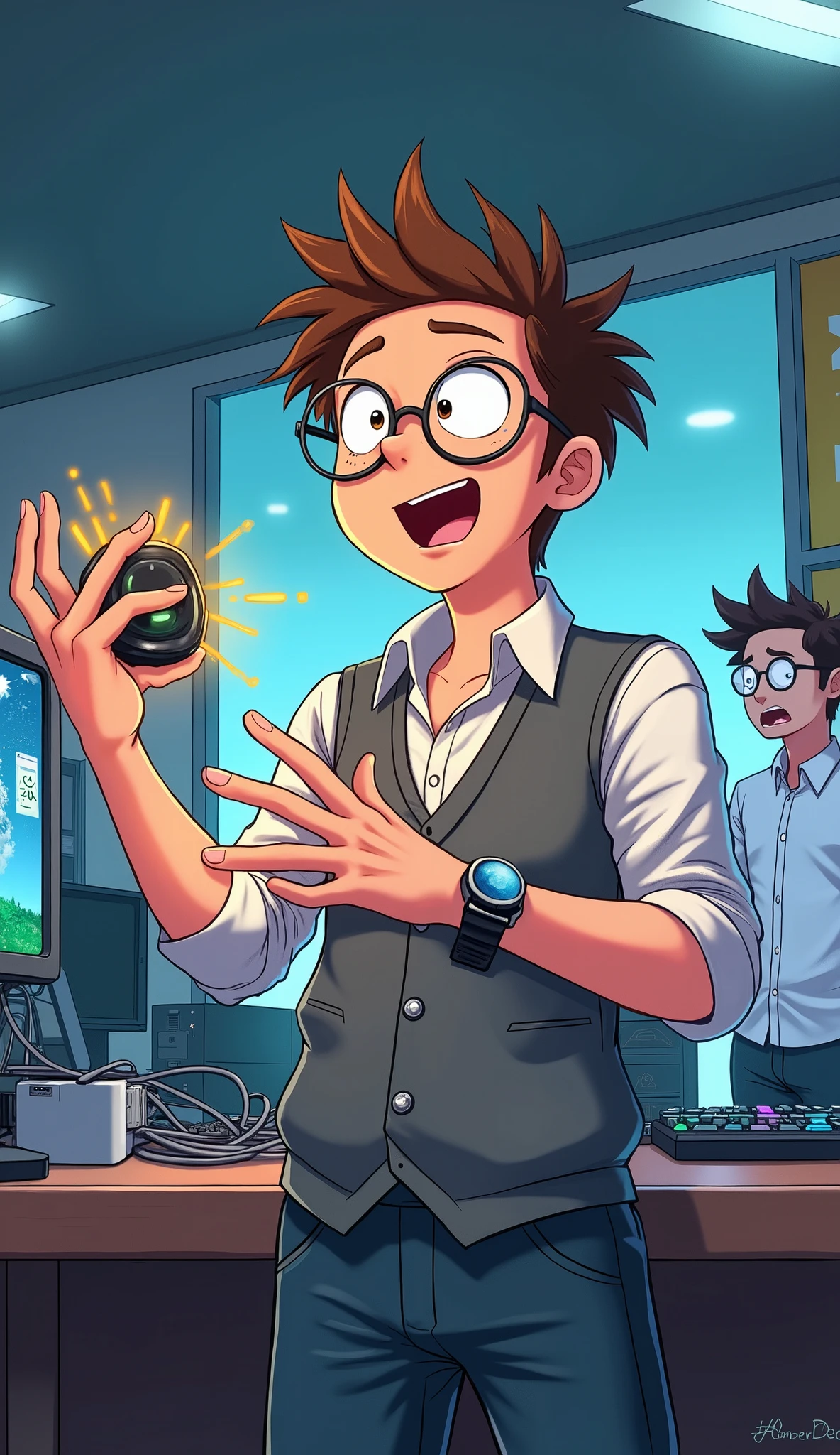 A young, tech-obsessed office worker who is always trying to impress his coworkers with new gadgets. Greg "The Gadget Guy" Thompson has spiky brown hair, wire-framed glasses, and an excited expression. He wears a white dress shirt with rolled-up sleeves, a trendy gray vest, and a state-of-the-art smartwatch on his wrist. In his hands, he holds a small, glowing electronic device, gesturing excitedly as he tries to explain how it works. His eyes sparkle with geeky enthusiasm, but his coworkers in the background seem confused or disinterested. The office environment includes computer screens with graphics, cables strewn across the desk, and a light-up mechanical keyboard. The comedic anime style highlights his exaggerated excitement, with visual effects such as technological sparks and holographic lights emerging from the gadget.