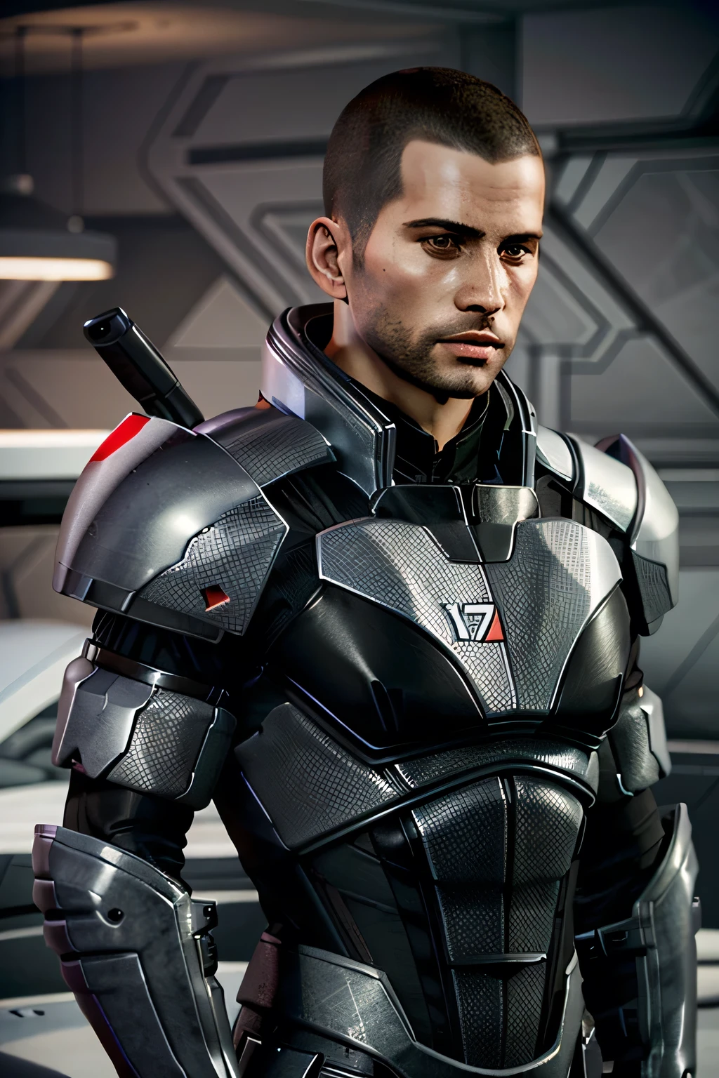 ( masterpiece, of the best quality)
MaleShepard, One, short hair, black hair , 1 boy , upper body , male focus , armor, looking away, facial hair, thick eyebrows, beard, the sideburns, adult male, realistic, poison, very short hair, courageous , hedgehog