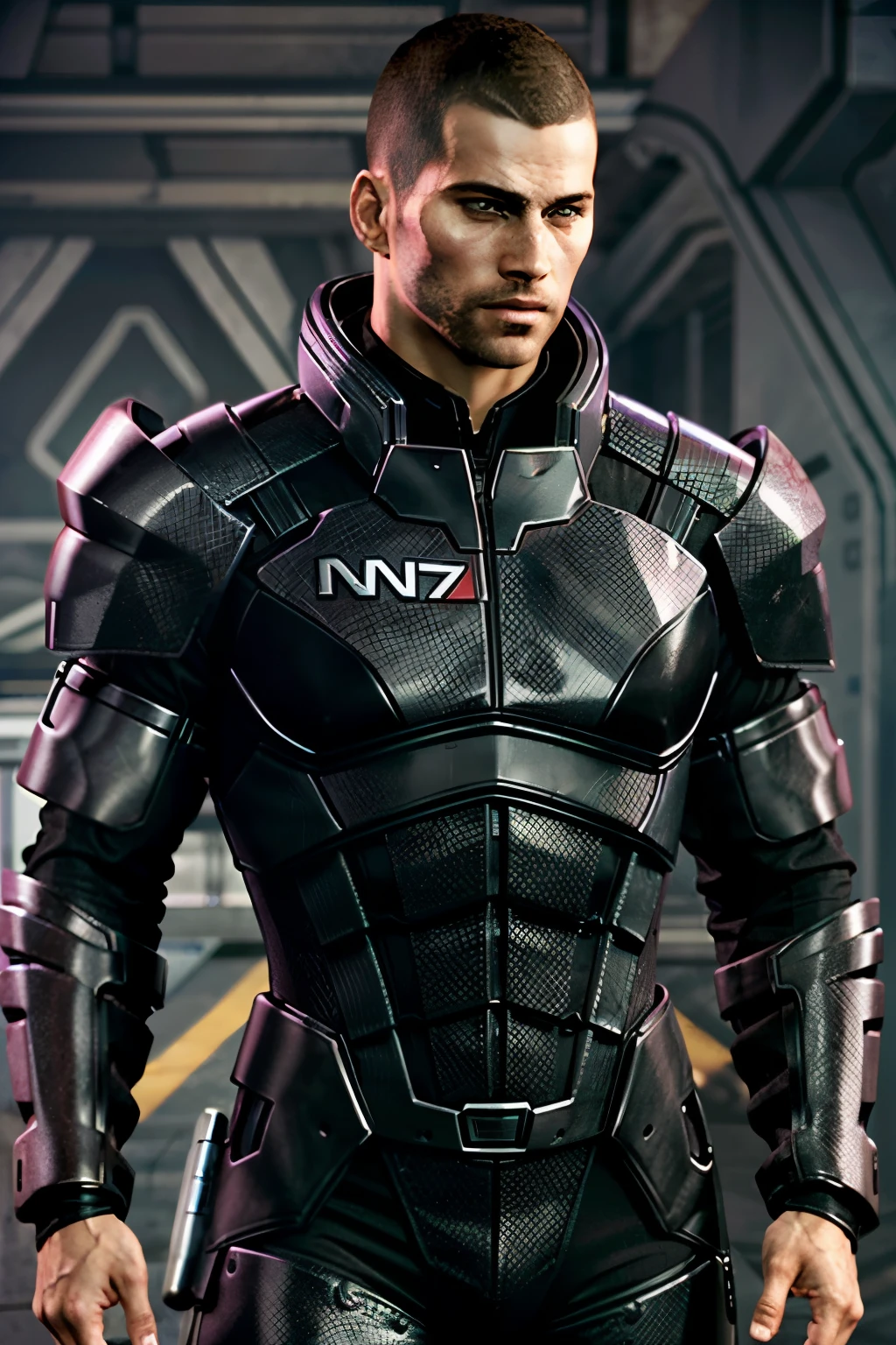 ( masterpiece,  of the best quality)
MaleShepard,  One,  short hair,  black hair ,  1 boy ,  upper body ,  male focus , armor,  looking away,  facial hair, thick eyebrows, beard, the sideburns,  adult male, realistic, poison, very  short hair,  courageous , hedgehog
  