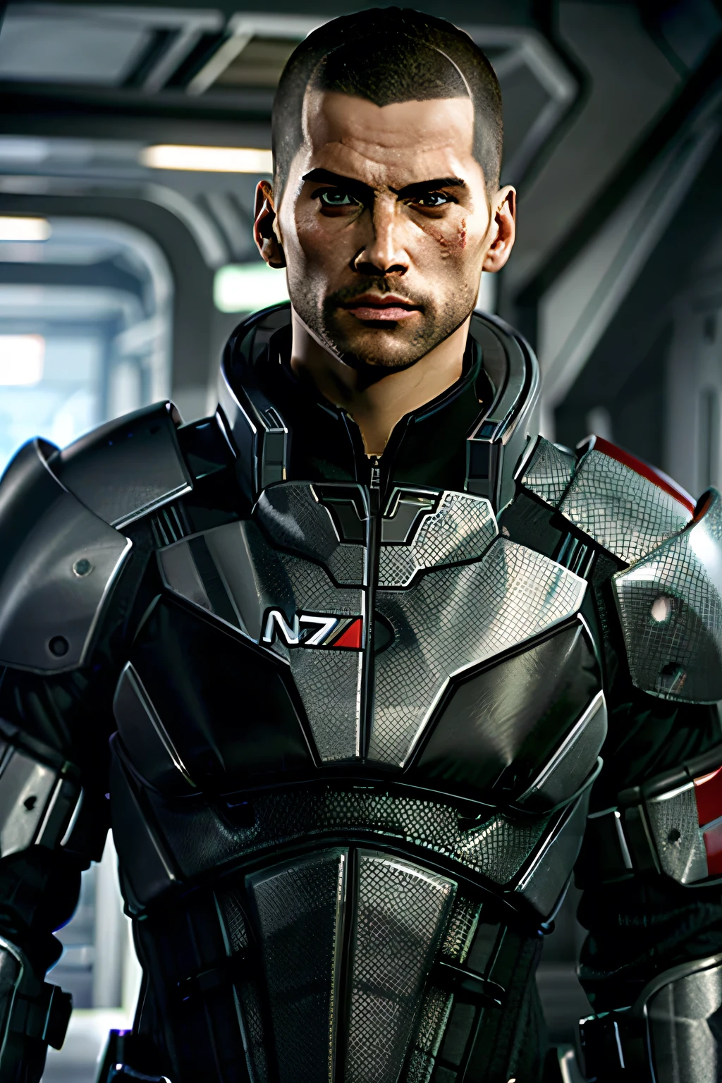 ( masterpiece, of the best quality)
MaleShepard, One, short hair, black hair , 1 boy , upper body , male focus , armor, looking away, facial hair, thick eyebrows, beard, the sideburns, adult male, realistic, poison, very short hair, courageous , hedgehog