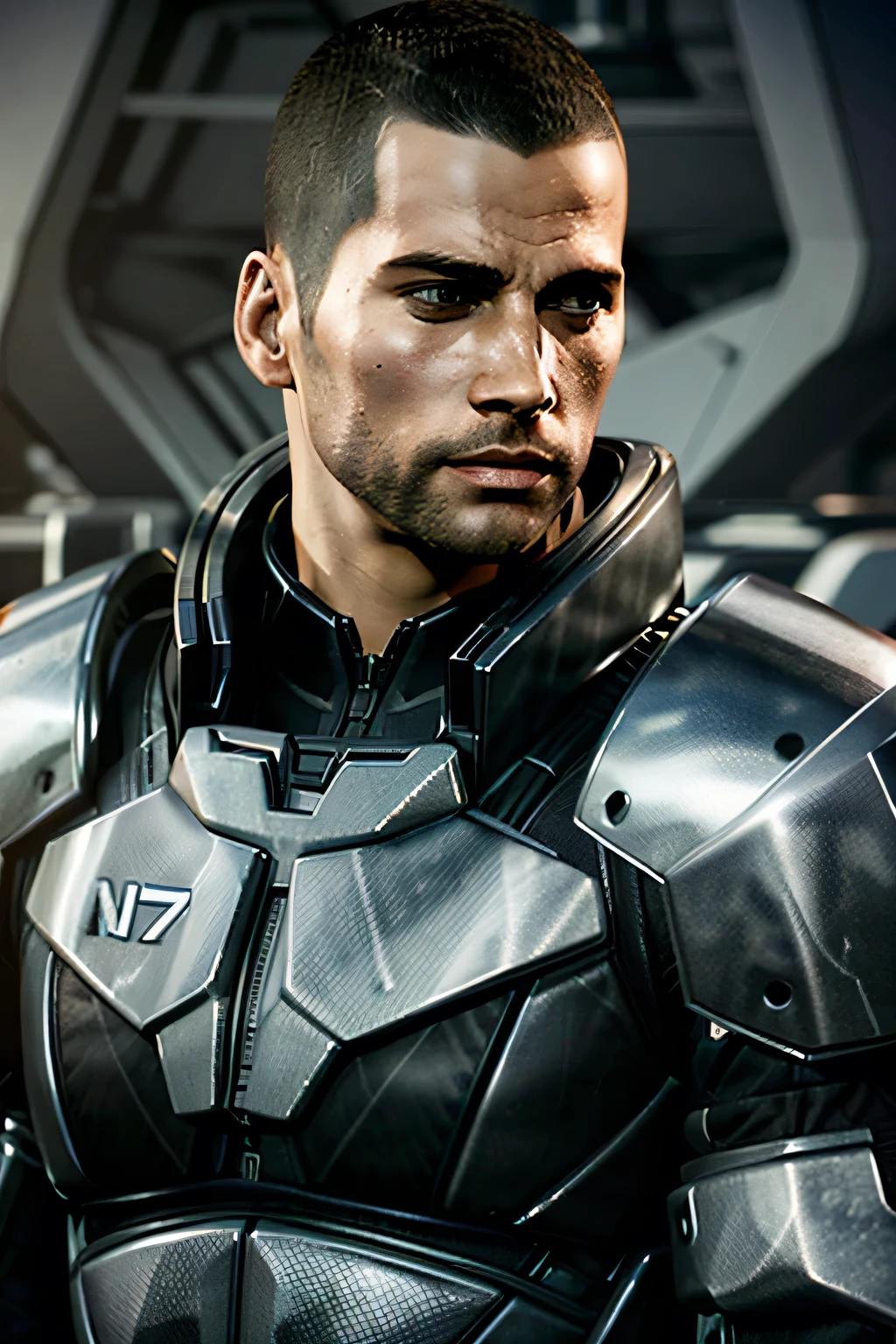 ( masterpiece,  of the best quality)
MaleShepard,  One,  short hair,  black hair ,  1 boy ,  upper body ,  male focus , armor,  looking away,  facial hair, thick eyebrows, beard, the sideburns,  adult male, realistic, poison, very  short hair,  courageous , hedgehog
  