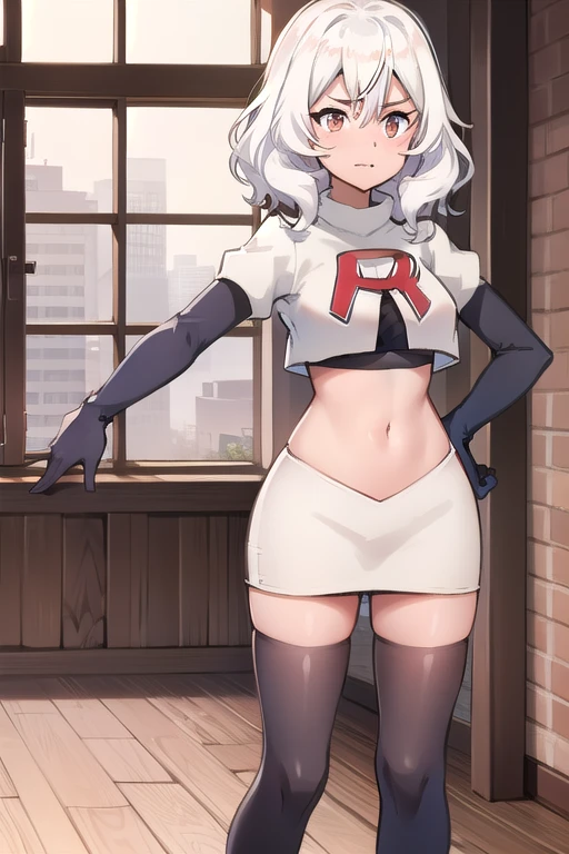 (masterpiece, best quality, ultra-detailed), AnnaNishikinomiya, white hair, aqua eyes, short hair, hairband, large breasts, team rocket,team rocket uniform,white skirt,crop top,black thigh-highs,black elbow gloves,