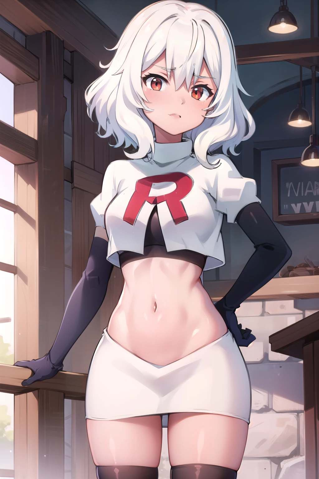 Altria Grem, team rocket,team rocket uniform,white skirt,red letter R,crop top,black thigh-highs,black elbow gloves
