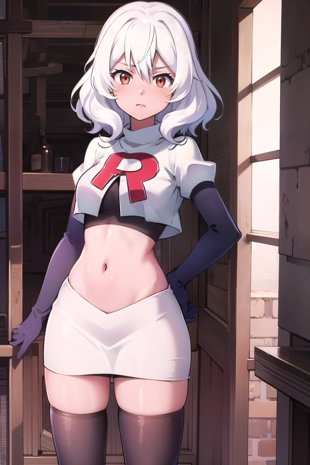 Altria Grem, team rocket,team rocket uniform,white skirt,red letter R,crop top,black thigh-highs,black elbow gloves