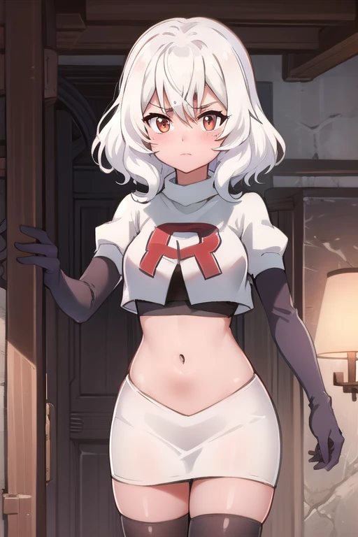 1 girl, shiny backlight, volumy long ponytail, silver hair, red eyes, middle breasts, her hair is fluttering down, white fantasic leotard outfit, white long loincloth,brown belts, long Quiver of Arrows behind back, open legs,open thighs, arched back, scerious,gazing, cowboy shot, masterpiece, best quality, general,arms behind back,