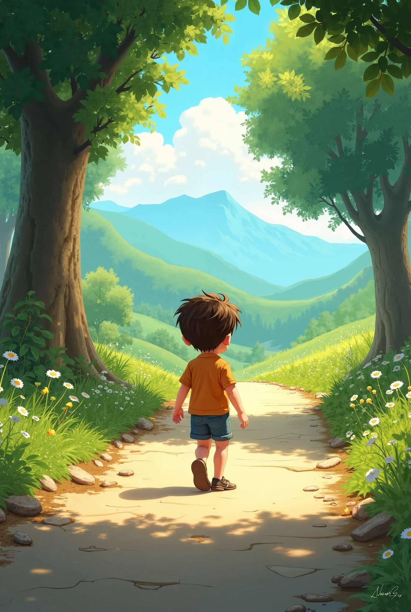 There is a boy walking down a path in the woods - SeaArt AI