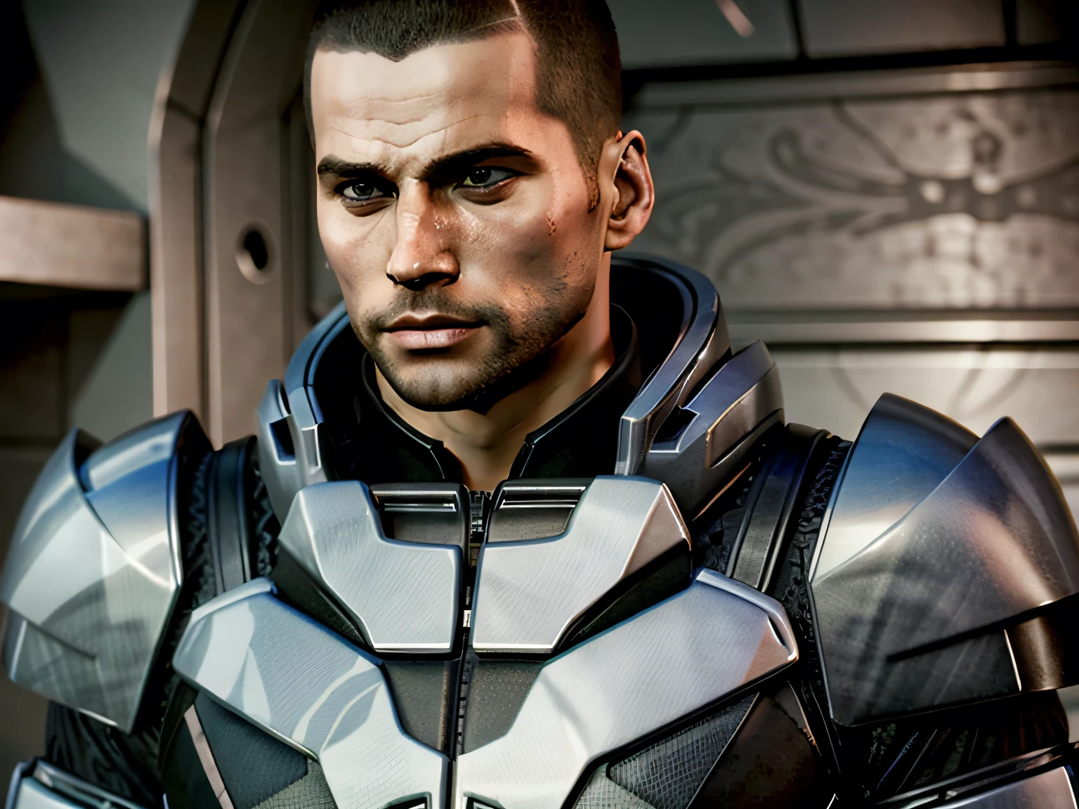 ( masterpiece, of the best quality)
MaleShepard, One, short hair, black hair , 1 boy , upper body , male focus , armor, looking away, facial hair, thick eyebrows, beard, the sideburns, adult male, realistic, poison, very short hair, courageous , hedgehog