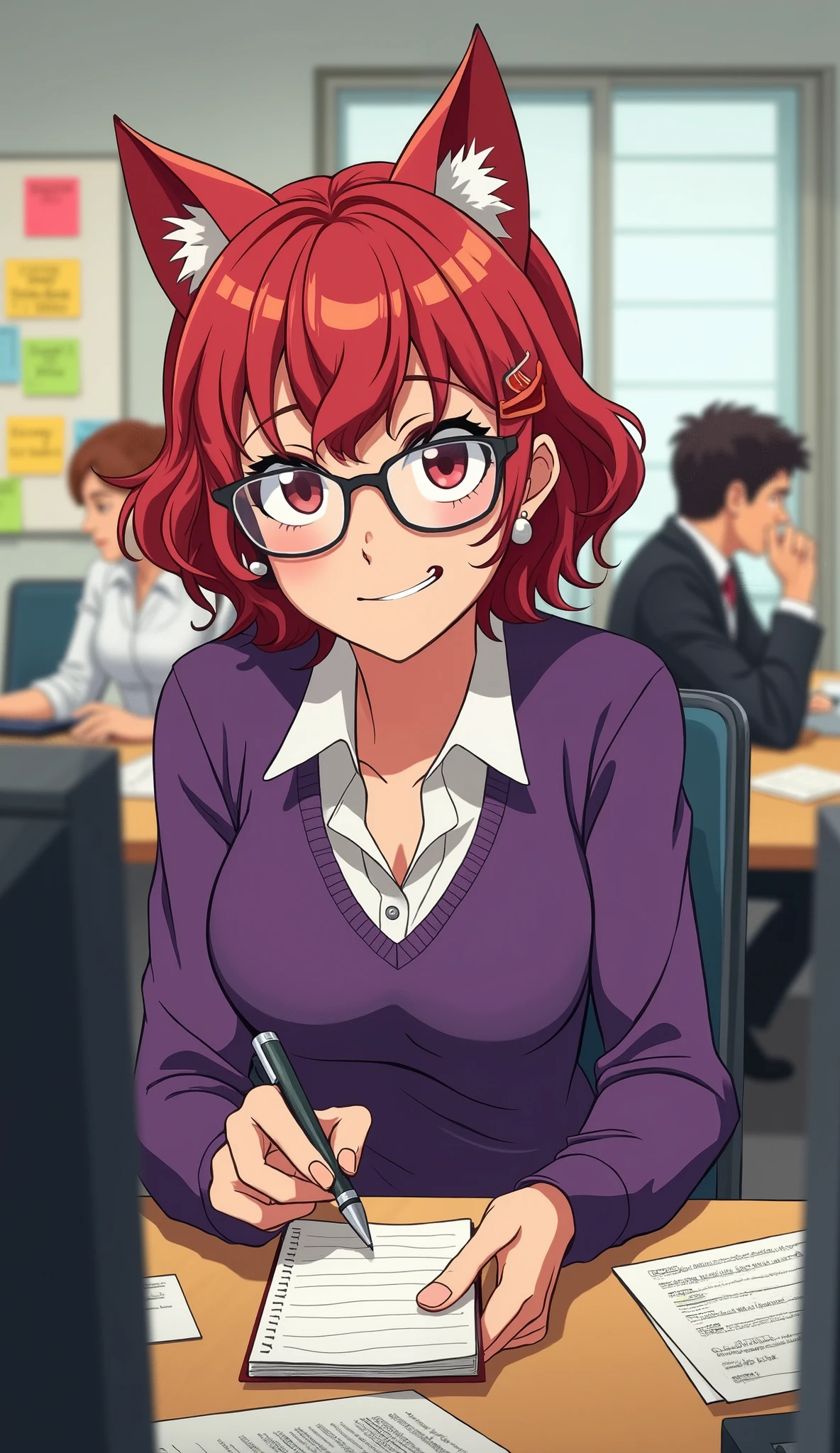A nosy, gossipy office worker who is always eavesdropping on other people's conversations. Brenda "Bee" Hawkins is a woman with short, wavy red hair, with decorative clips holding back some of the strands. She wears wire-framed glasses, a purple sweater over a dress shirt, and small pearl earrings. Her expression is sly and mischievous, with a smirk as she holds a small notepad and pen, ready to jot down any juicy gossip. She is either leaning over a coffee machine or peering behind an office partition, trying to hear the conversation of two distracted colleagues in the background. The anime style emphasizes her curious personality with bright eyes, vibrant details, and a comical effect of small cat ears poking out of her head, highlighting her gossipy nature. The environment includes desks with documents, colorful post-its stuck to the computer, and a whiteboard with random notes.