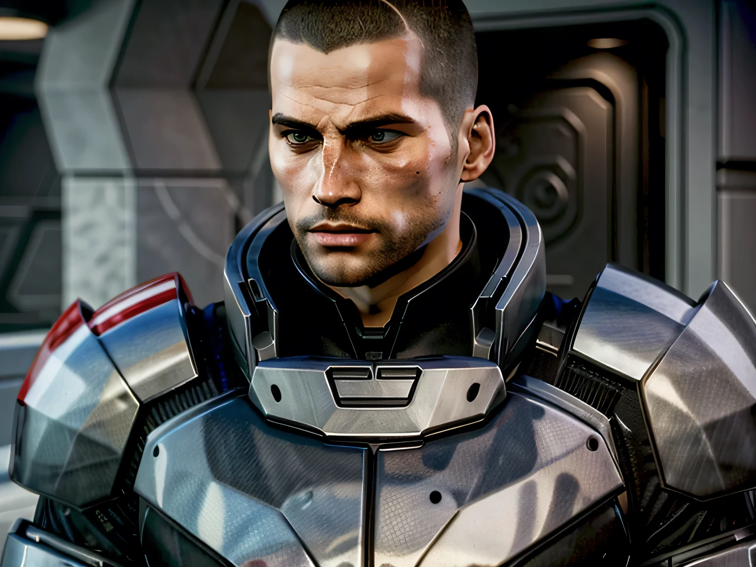 ( masterpiece, of the best quality)
MaleShepard, One, short hair, black hair , 1 boy , upper body , male focus , armor, looking away, facial hair, thick eyebrows, beard, the sideburns, adult male, realistic, poison, very short hair, courageous , hedgehog