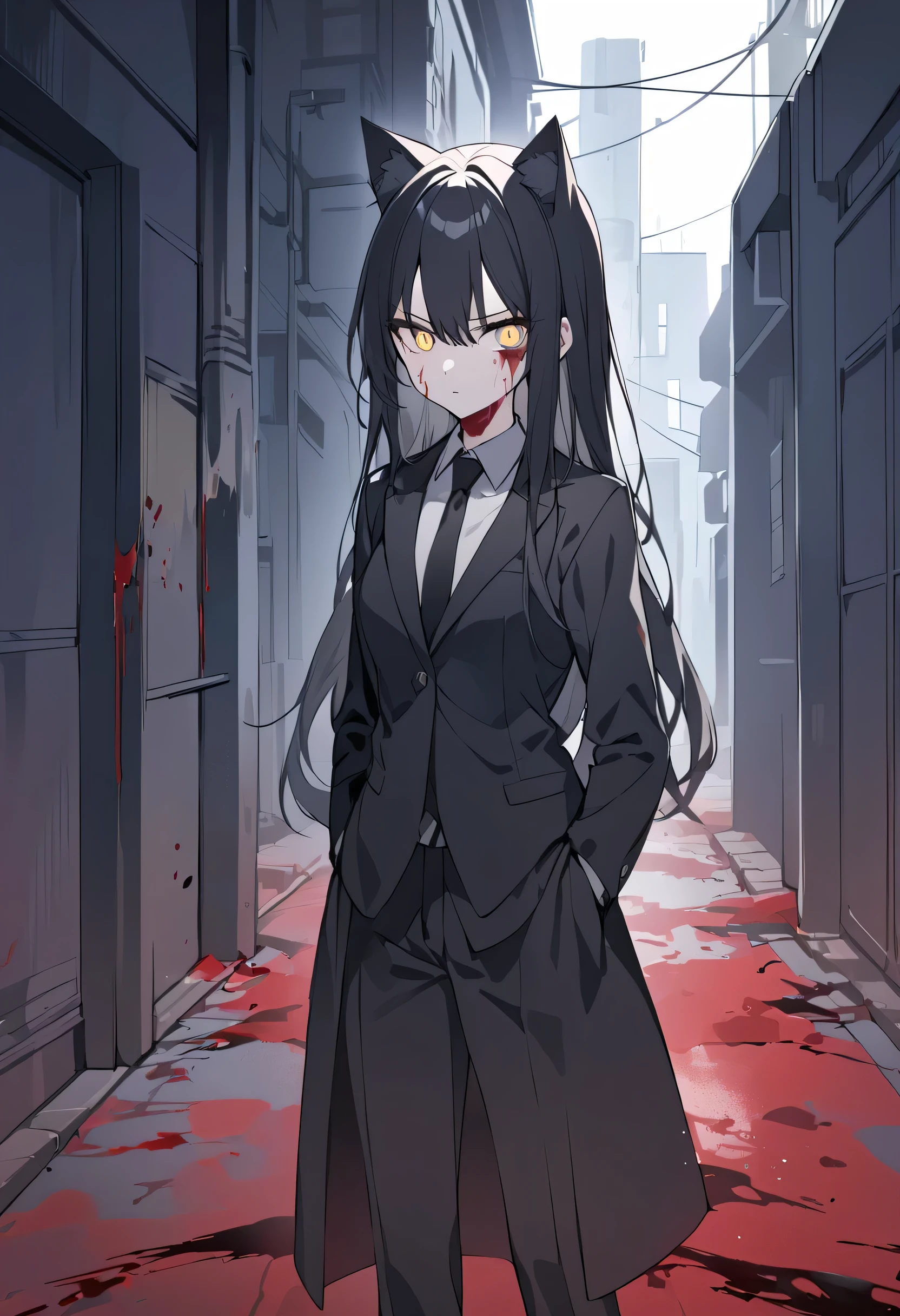 Dark Night , alone,Cat ears, long hair, girl,Serious eyes,Black Hair,Dull yellow pupils , black suit , black tie,Standing,She walked out of the alley calmly ,Blood on face,far away