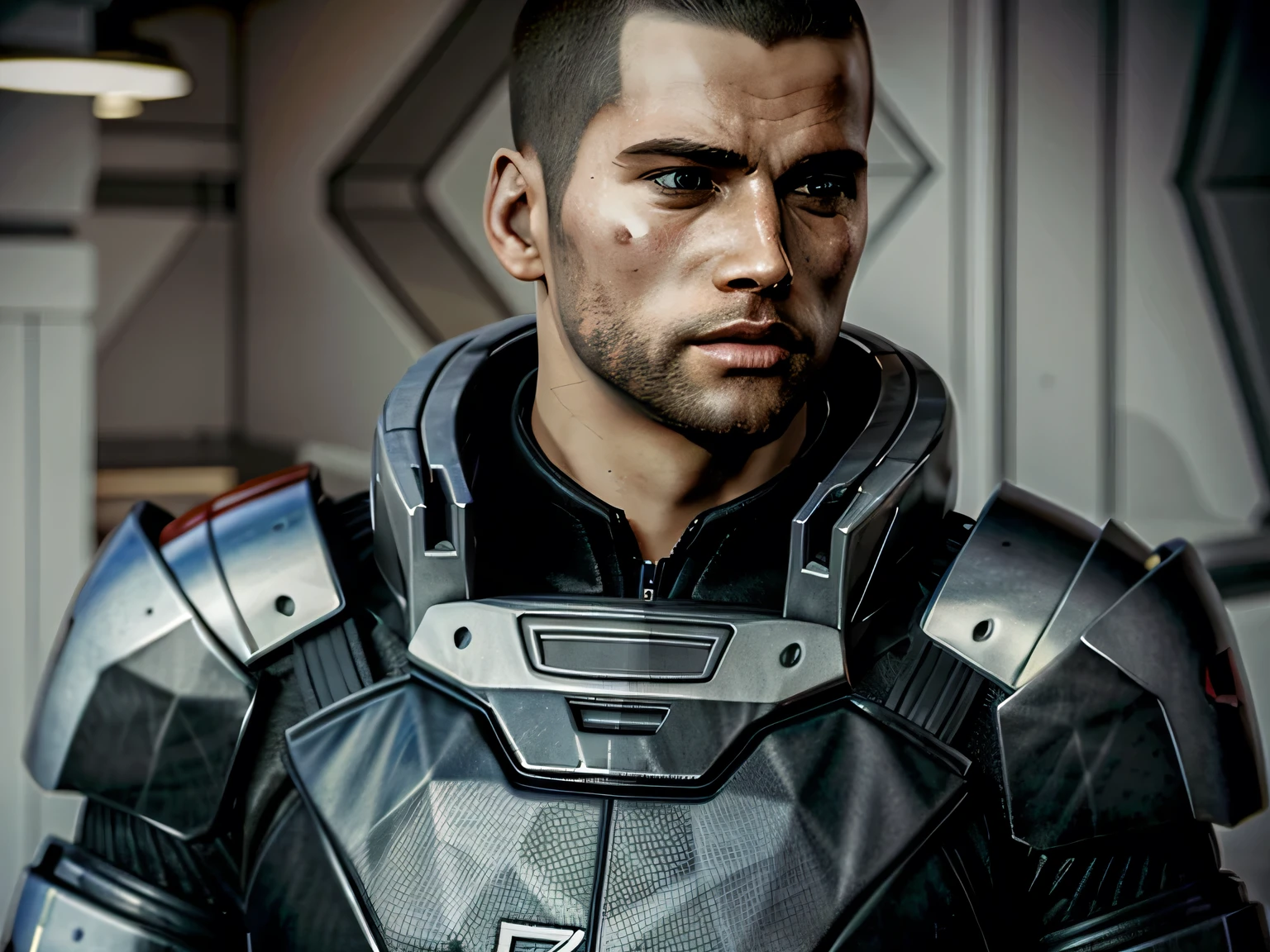( masterpiece, of the best quality)
MaleShepard, One, short hair, black hair , 1 boy , upper body , male focus , armor, looking away, facial hair, thick eyebrows, beard, the sideburns, adult male, realistic, poison, very short hair, courageous , hedgehog