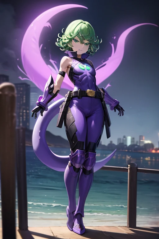Full body image, woman, muscular body, short white curvy hair, sit pose, armor demoniac, black and pink, night and beach background , shining pink, persona 3 style, Japanese writing on the edges with Shangri-La written on the top.